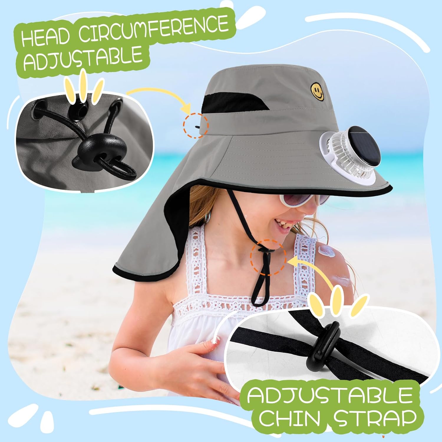 Solar Fan Hat for Kids Smile Face Bucket Hat with Neck Flap Wide Brim Sun Hat for Boys and Girls