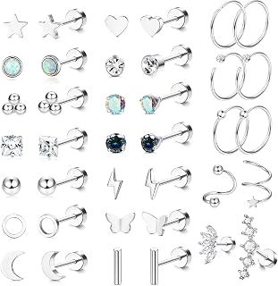 19Pairs Surgical Steel Stud Earrings Set for Women Men Small CZ Heart Star Moon Flat Back Earrings Hypoallergenic 20G Tiny Cartilage Earrings Stud Hoops Helix Tragus Daith Earrings Piercing Jewelry
