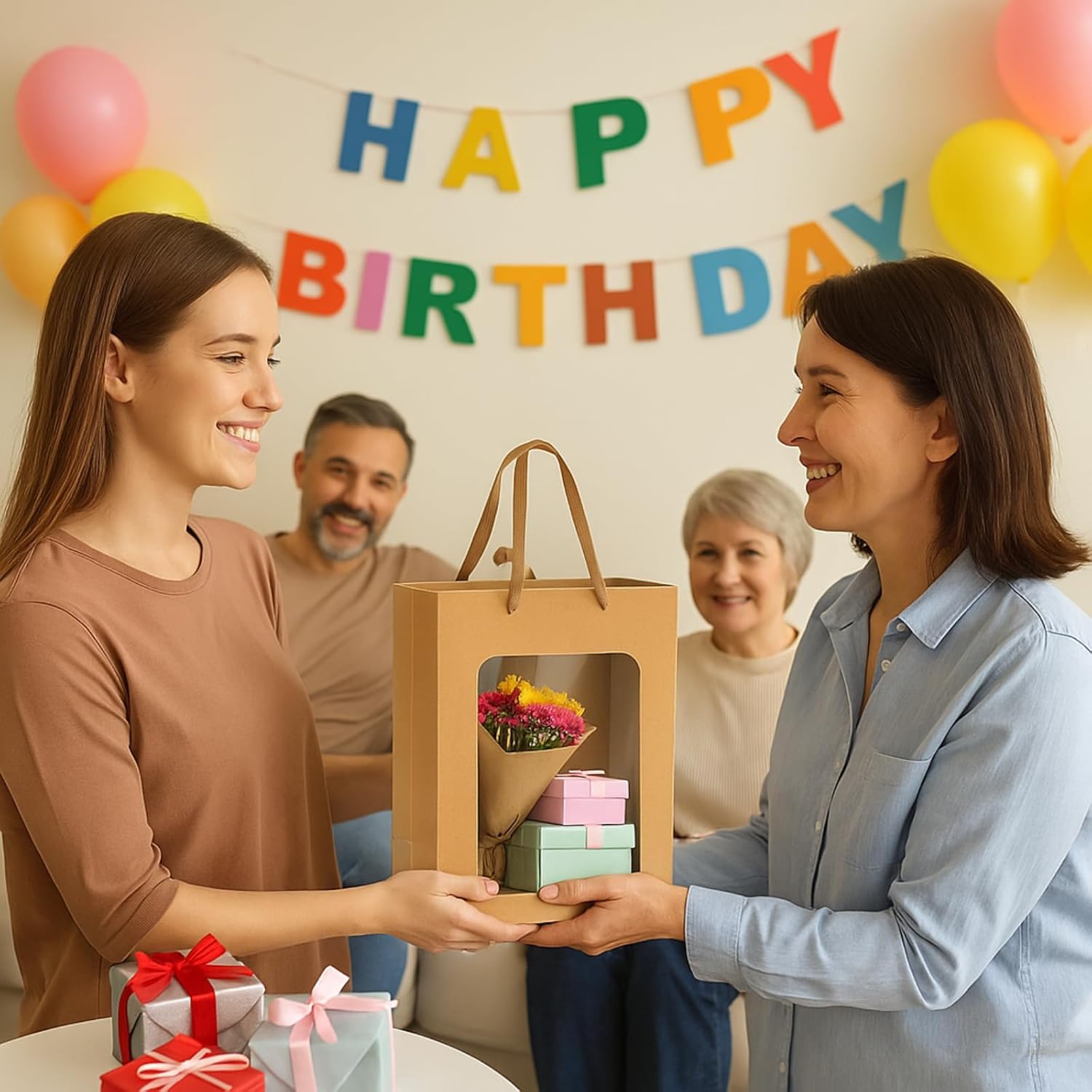 ZENFUN 30 Packs Brown Gift Bags with Handles Valentine's, Kraft Shopping Bags with Transparent Window, 9.8 x 7.1 x 5.1 inch Paper Gift Bags for for Thanksgiving Christmas Birthday Wedding - Image 7