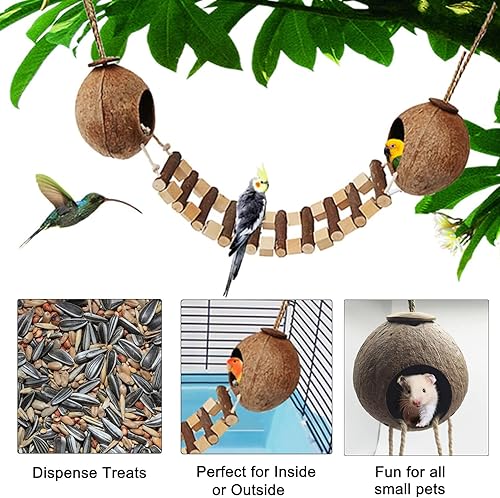 Miniatura 4 de Hamiledyi Cabaña nido de pájaro de coco con escalera colgante pájaros ocultar casa juguete para jaula de coco natural escondite para periquitos,
