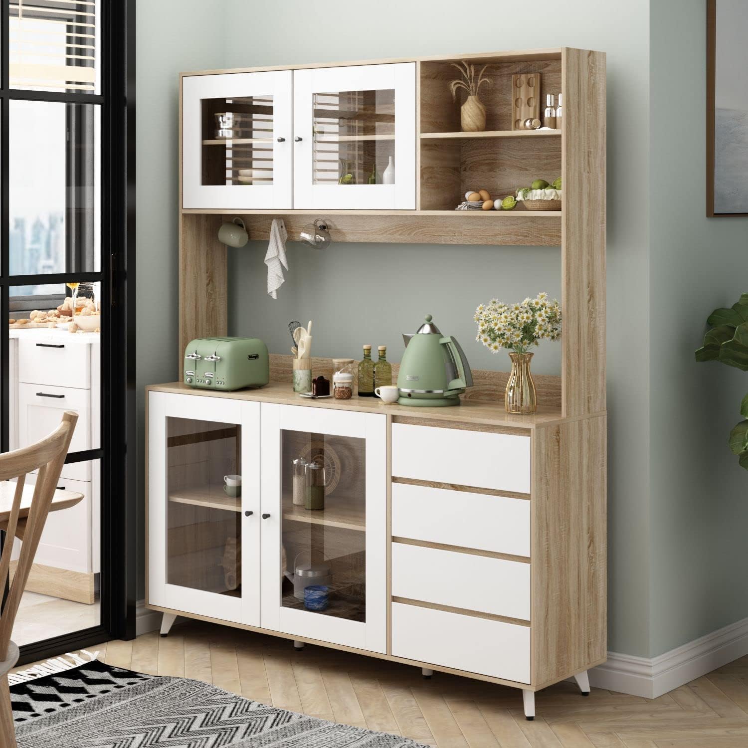 DiDuGo Kitchen Hutch Storage with Glass Doors