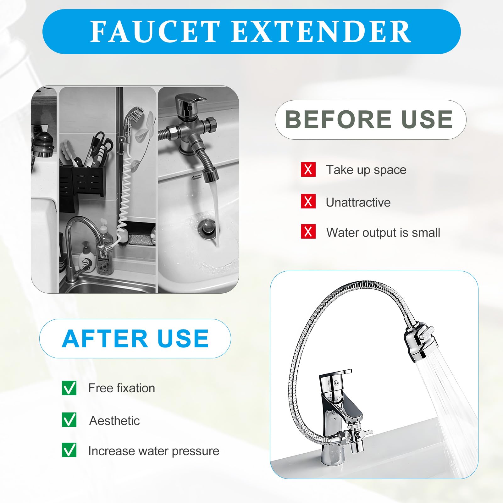 Prolunga Rubinetto Cucina, Aeratore Rubinetto Bagno, Ugello Per Rubinetto, Rotazione A 360 Gradi, Tubo Direzionale Lungo 35 Cm + Distributore + Adattatore