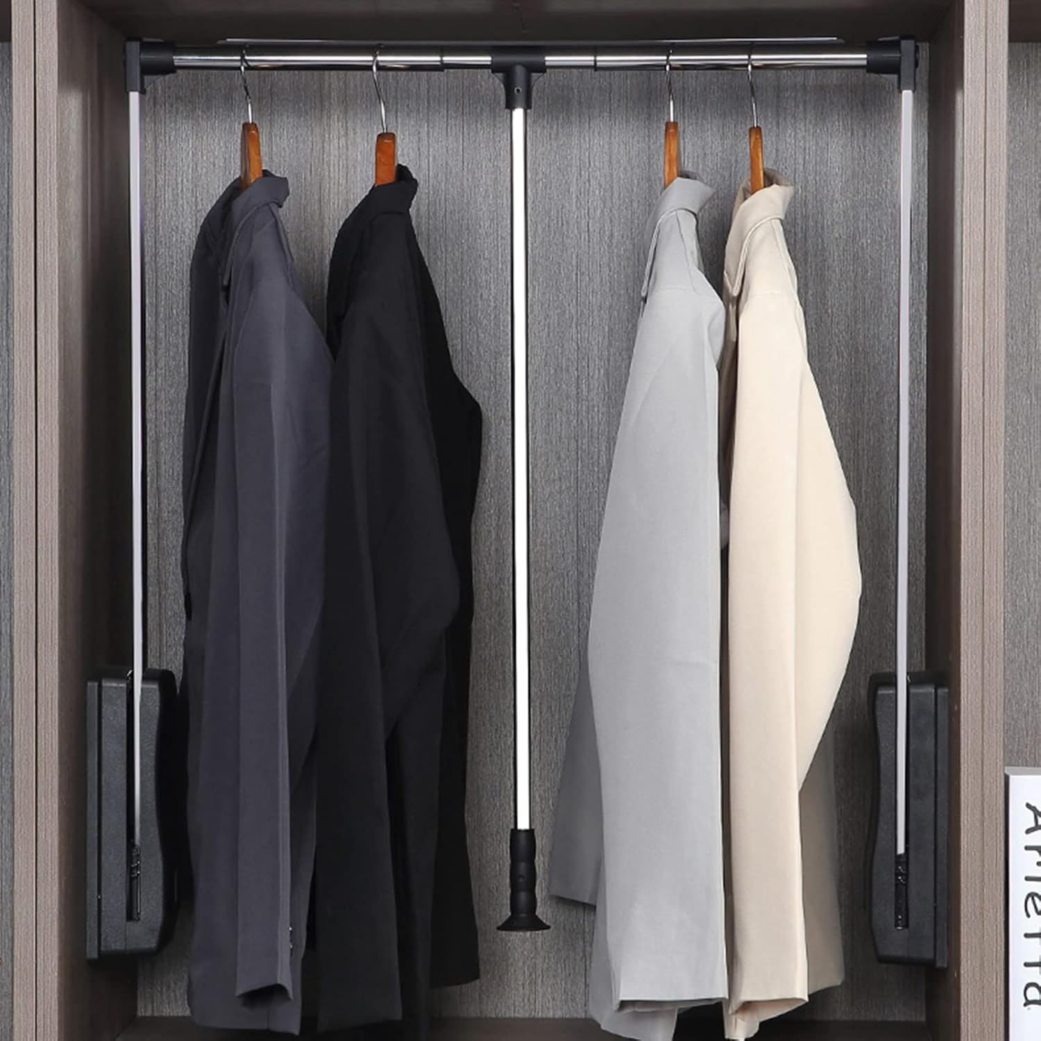 Wardrobe Rail Hanging Lift System, Pull Down Closet Rod for Space Saving Clothing, Adjustable Width, Ergonomic Handle