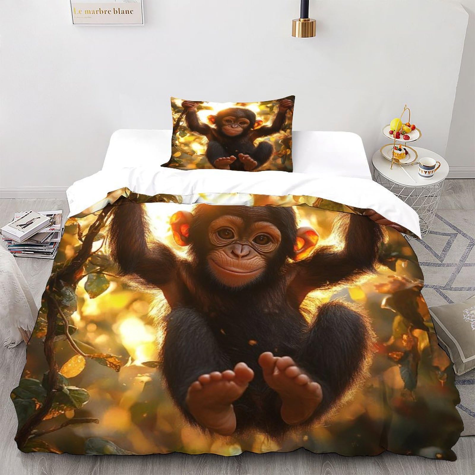 SHOVERKD Jungle Monkey Bedding Set 3D Digital Printing Wild Animal Duvet Cover Set 2 Pieces Chic Breathable for Boys & Girls Bed Set Pillowcase Single（135x200cm）