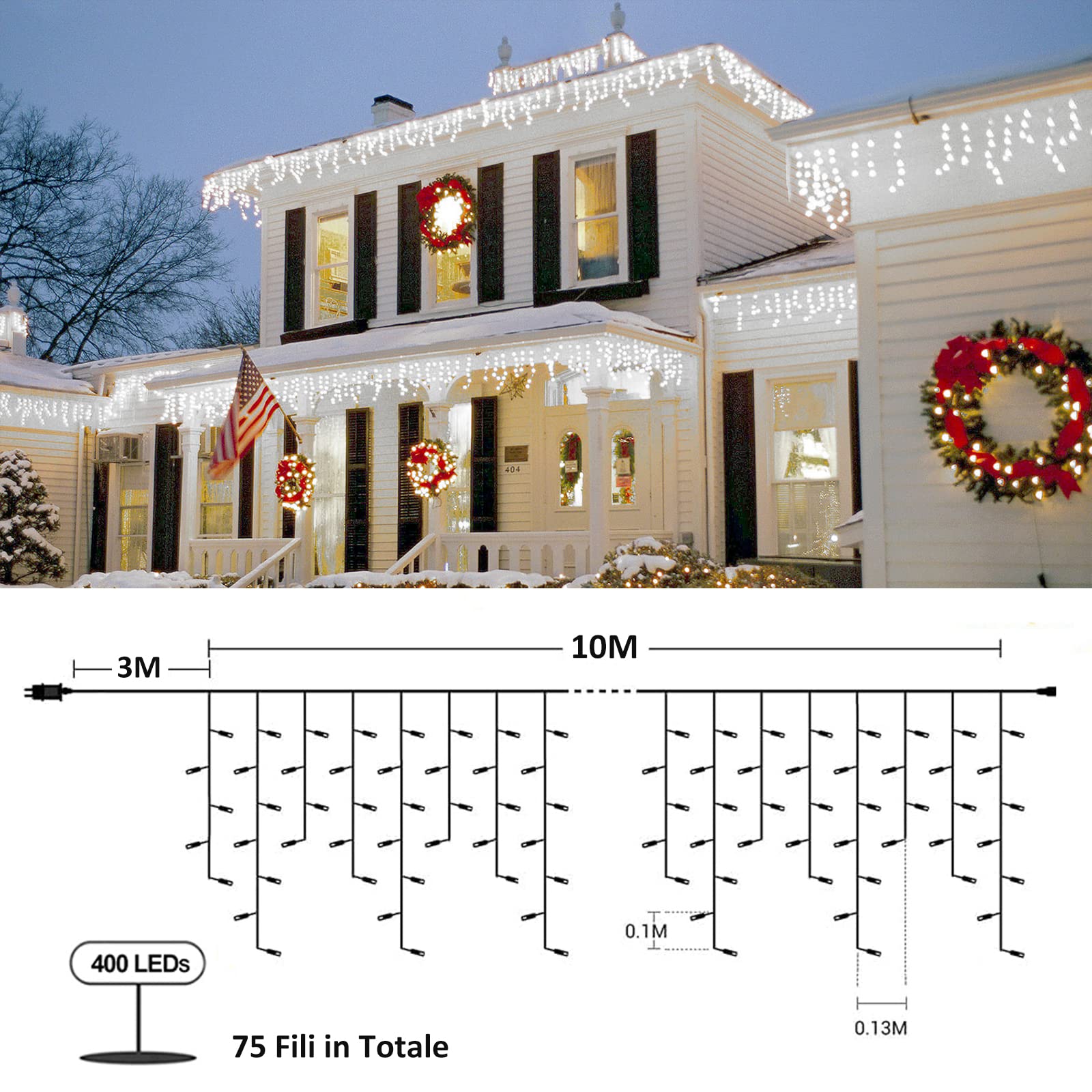Zorela Luci Natale Esterno Cascata 10M 400 LED Tenda Luminosa Esterno Natale Prolungabile Luci di Natale Cascata di Stalattiti con 8 Modalità Impermeabile per Balcone, Tetto, Giardino