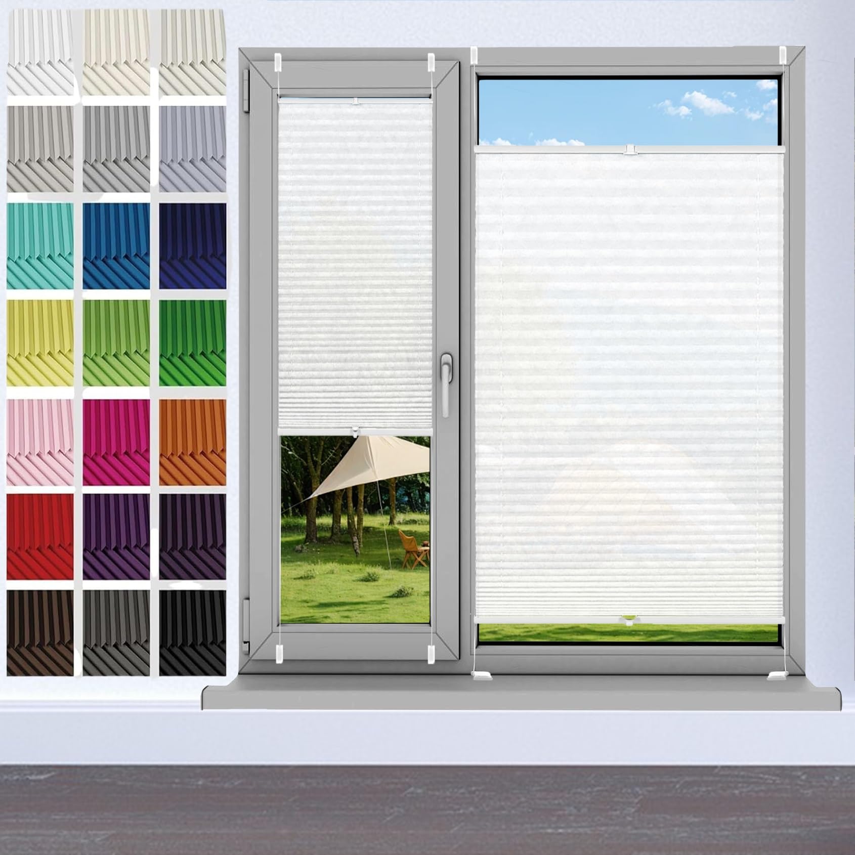 Blackout Blinds Cordless Pleated Blind 90 x 95 cm (W x H), No Tool No Drill Shades Top-Down Bottom-Up, No Drilling Self Adhesive Blinds, Blackout Cellular Shades, for Window Door, White
