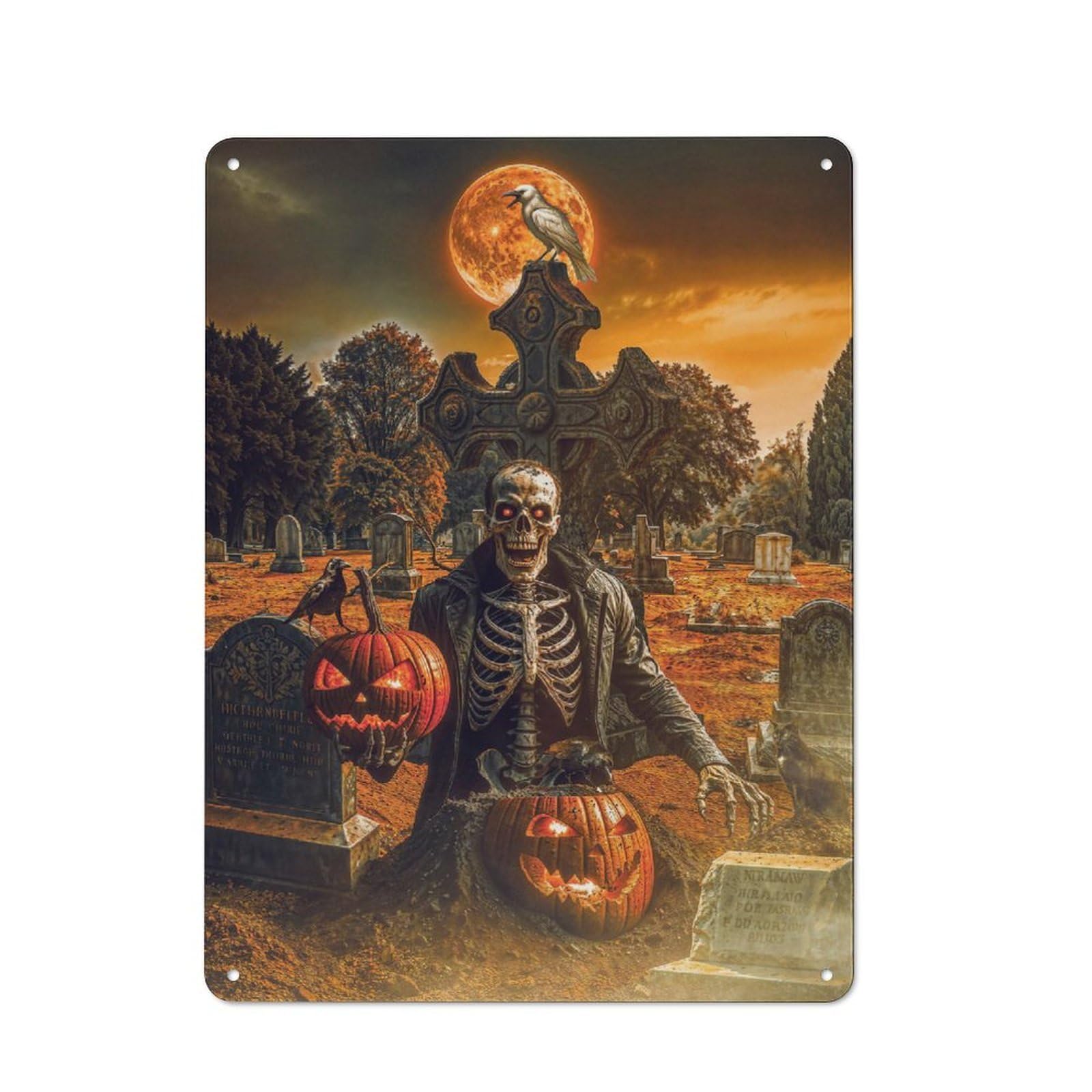 Junmoney Skeleton With Pumpkins On Halloween Metal Sign 40X30cm With For Home Bar Wall, Retro Decor, For Garage, Workshop And Man Cave Decoration