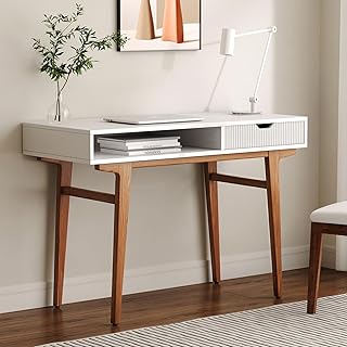 White Computer Desk with Drawers - 45 inch Minimalist Small Solid Wood M...