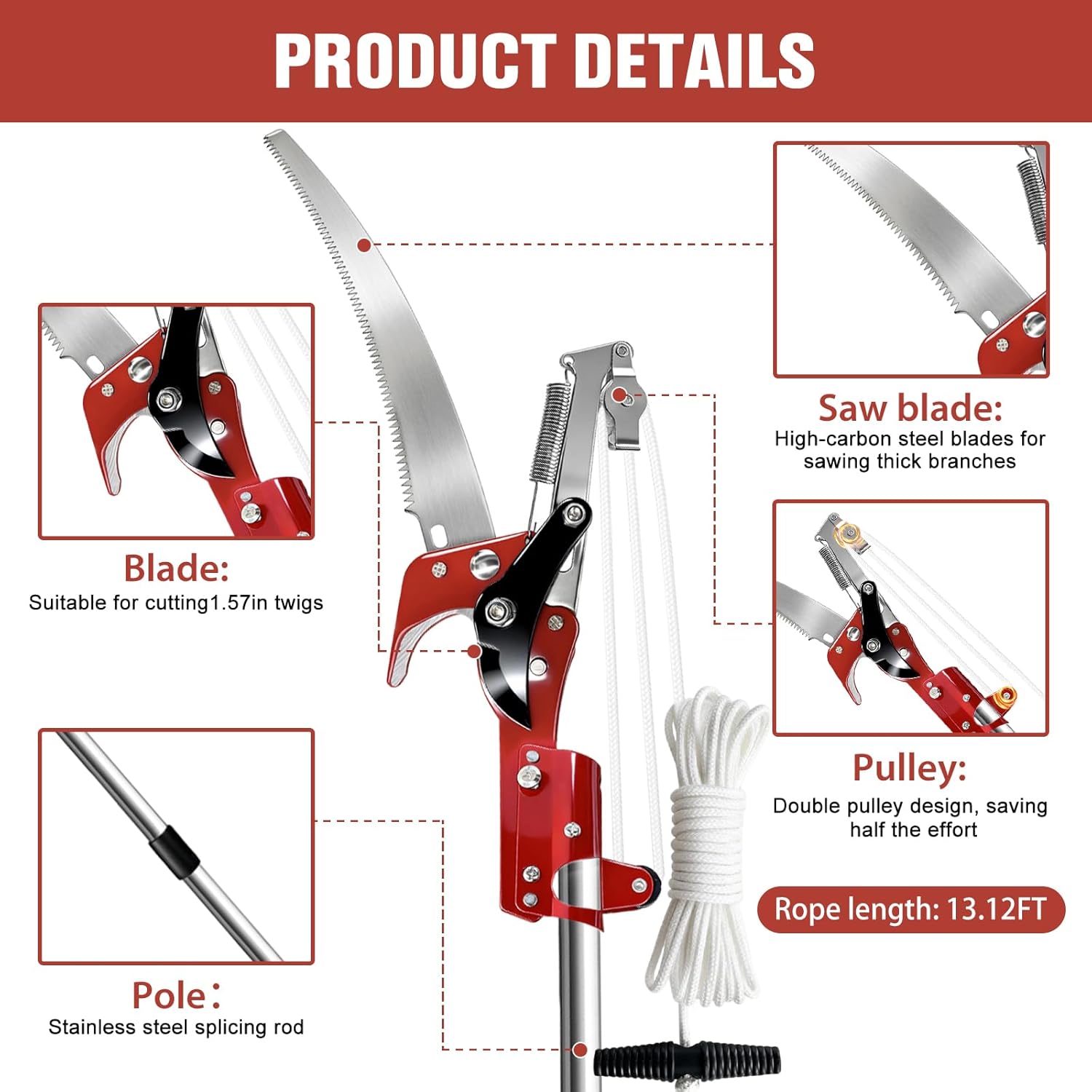 2-In-1 Pole Saws for Tree Trimming 2.75-10 Ft Manual Pole Saw Sharp Blade Thick Stainless Steel Handle Extendable Handle Tree Saw Suitable for Pruning Orchards Tall Branches and Shrubs(Red, 10FT)