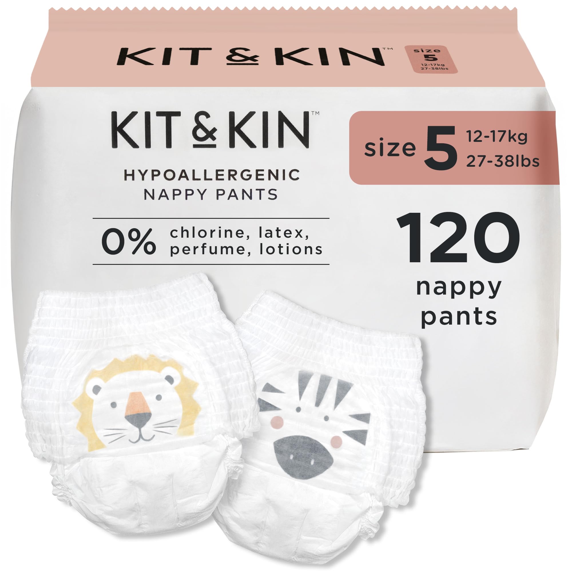 Kit & Kin Premium Nappy Pants Size 5 | 12-17 kg / 27-38 lbs | Maxi Pull Ups | 6 Packs / 120 Pants | Hypoallergenic | Vegan & Chlorine-Free | Superior up to 12 Hour Leak Protection