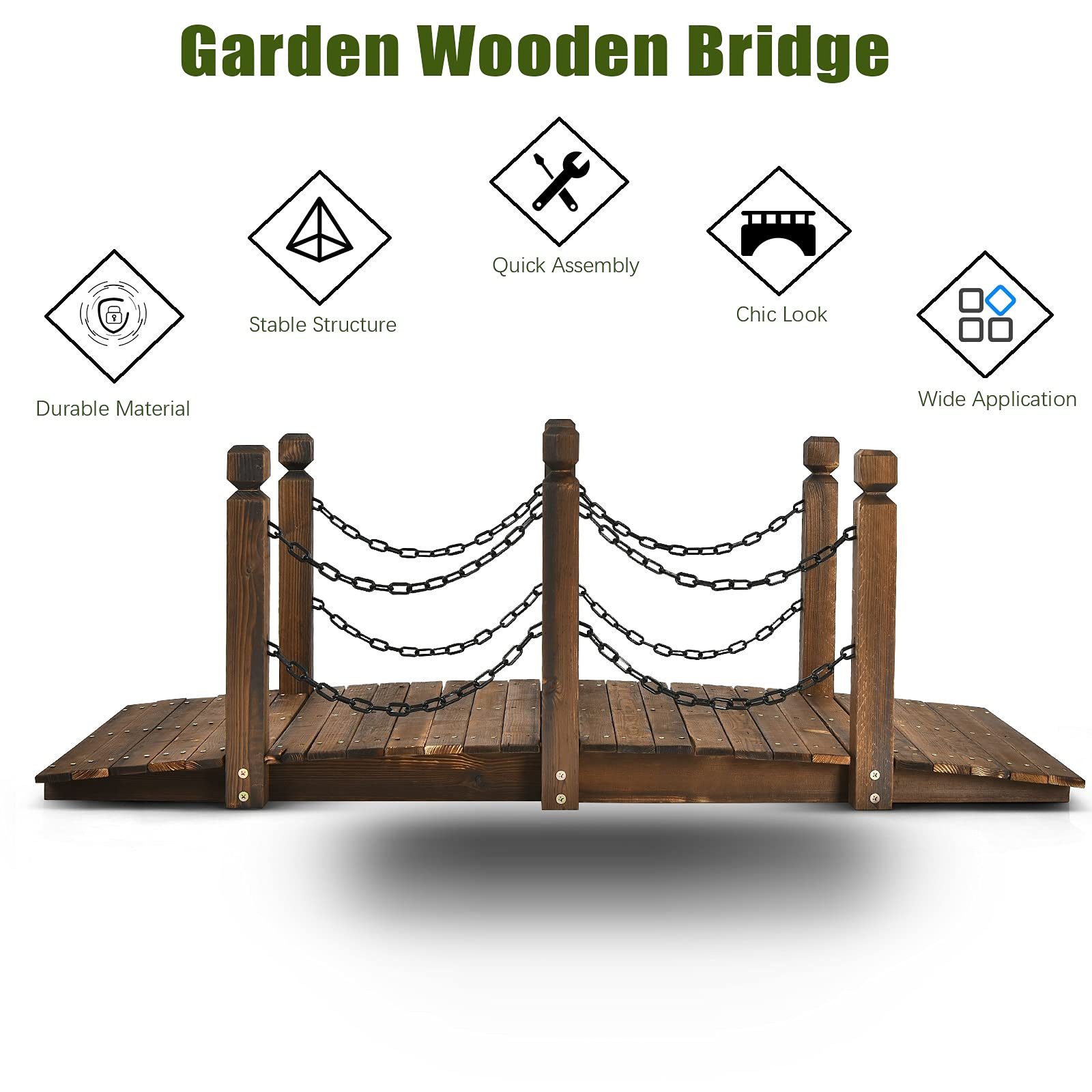 GIANTEX Puente de Jardín de Madera, Puente de Paisaje, Puente de Arco Antiguo, Puente Decorativo para Jardín, Puente con Pasarela de Arco, Puente con Barandilla, Carga de 120 kg, 150 x 67 x 55 cm