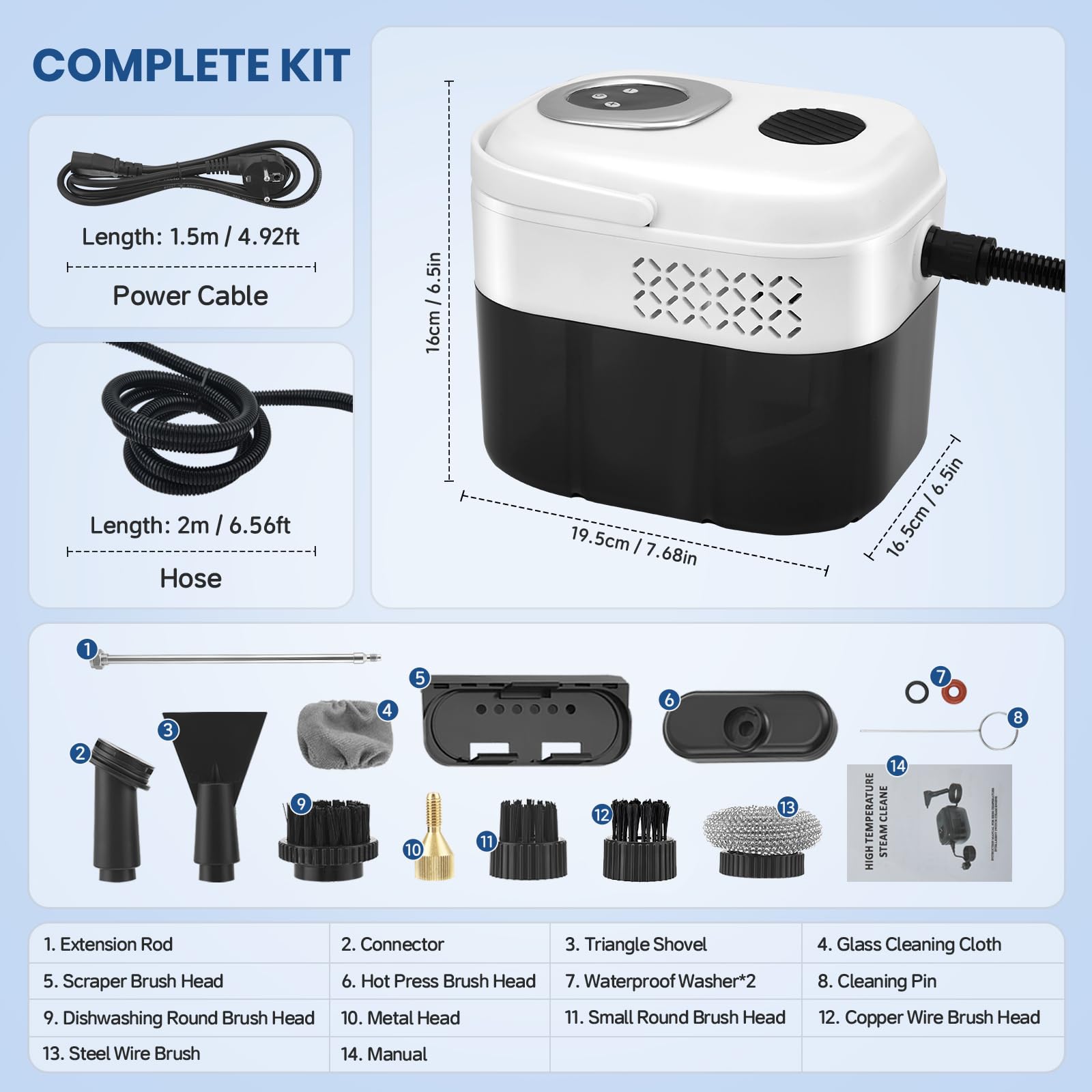 Limpiador de Vapor, 2500W Limpiador de Vapor Alta Presión de Mano con Depósito 1700ml, Tiempo Calentamiento 15 Segundos, 6 Niveles Vapor para Cocina, Baño, Sofá, Coche, Suelos
