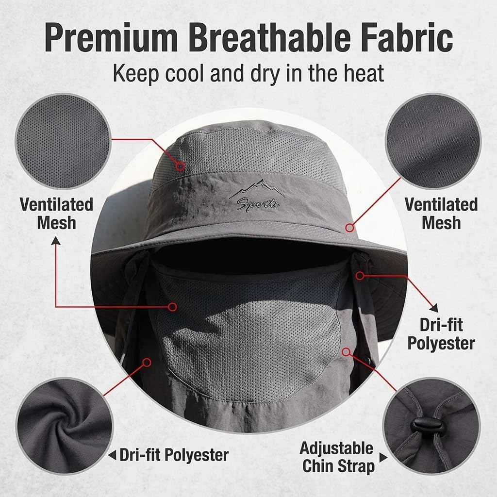 Gustave Sun Protection Cap Wide-Brim Quick-Dry Removable Flap Hat Grey 1