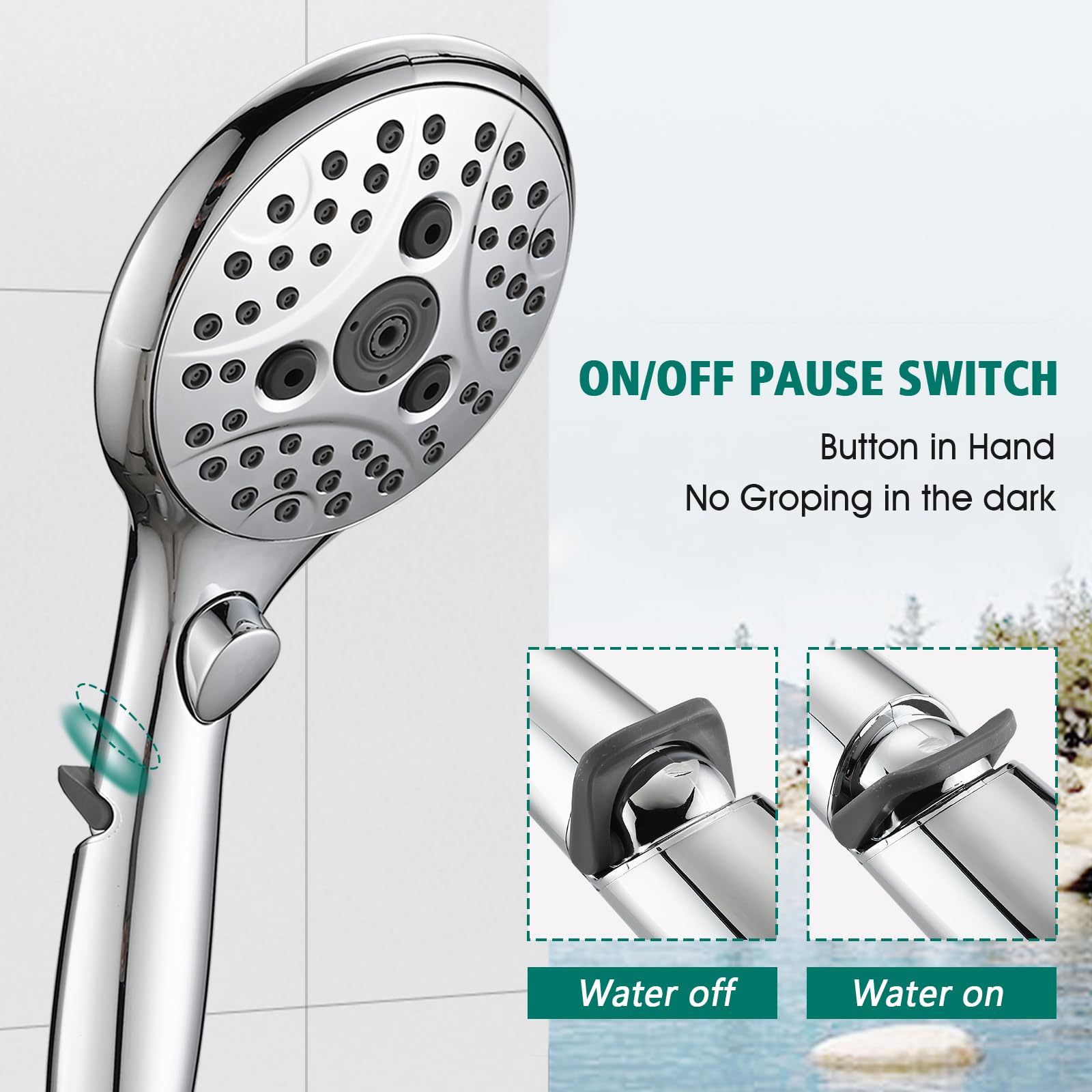 Cabezal de ducha de mano con barra deslizante, 6 ajustes de ducha de mano con interruptor de pausa de encendido/apagado, barra deslizante de altura ajustable de 27.5 pulgadas de largo, codo de