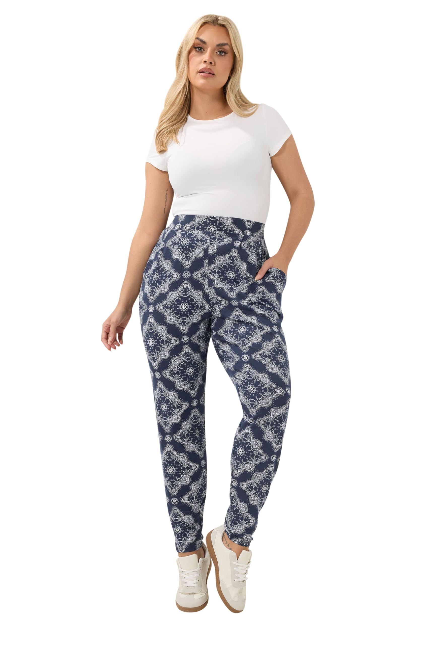 Yours Women's Dark Navy Bandana Print Harem Trousers In Small