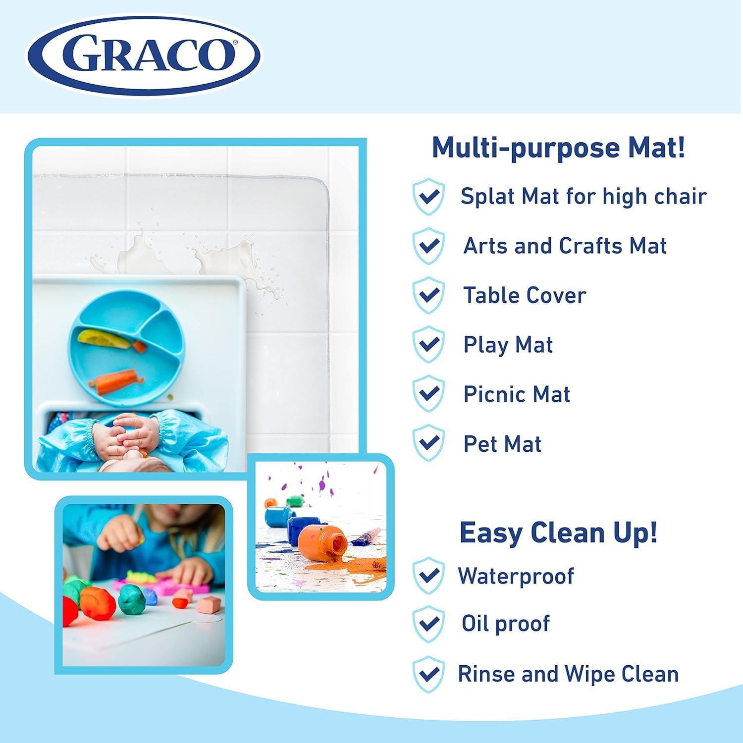 Graco Under High Chair Mat - Waterproof & Washable Plastic Food/Spill Catcher - 50" Eating, Painting & Art Floor Cover, Clear (Pack of 2)