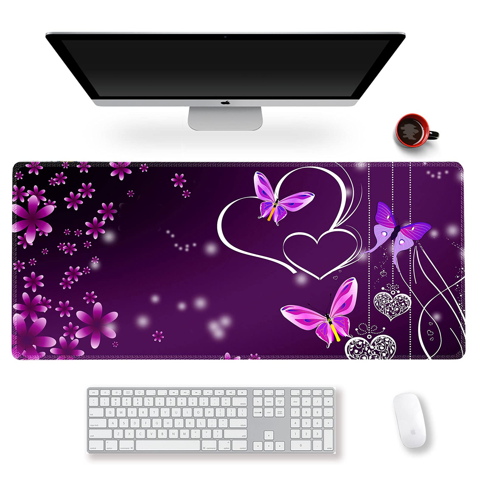 Extended Gaming Mouse Pad XXL ArtSo Large Keyboard Mat Long Mousepad Desk Decor Writing Pad Non Slip Rubber Base Stitched Edges for Work, Game, Office, Home, 35.1" x 15.7", Purple Heart Butterfly