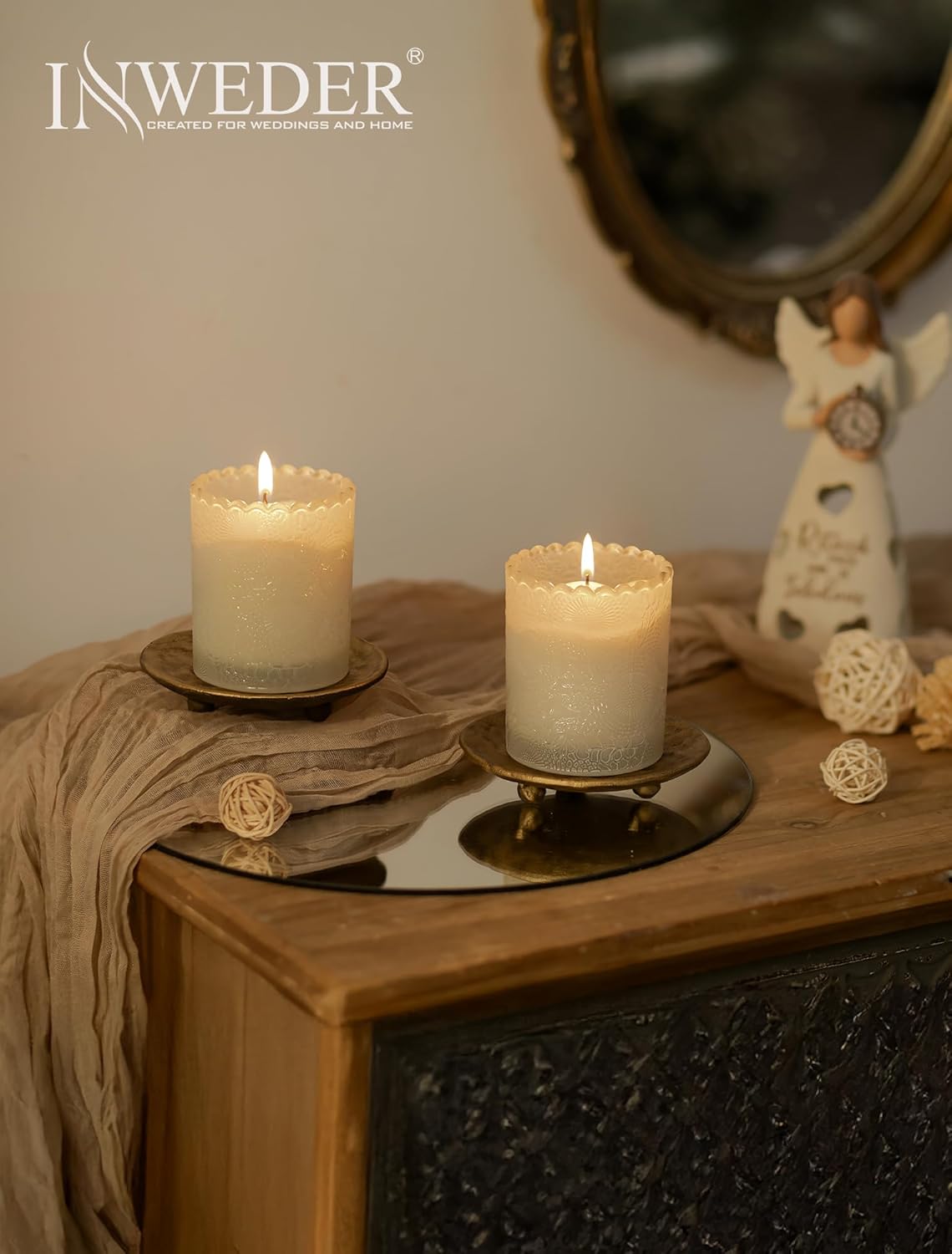 Cast Iron Candle Holder: 4.6 in Pillar Gold Candle Plate Brass Pedestal Stand Vintage Decorative Tray for 3 Wick Jar Candles Tealight Votive for Table Home Christmas Set of 2