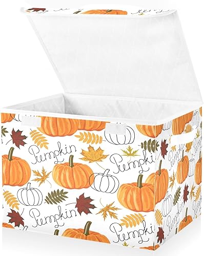 Contenedores de almacenamiento grandes plegables con tapas, hojas de calabaza, otoño y otoño, cestas de almacenamiento organizadores con asas para