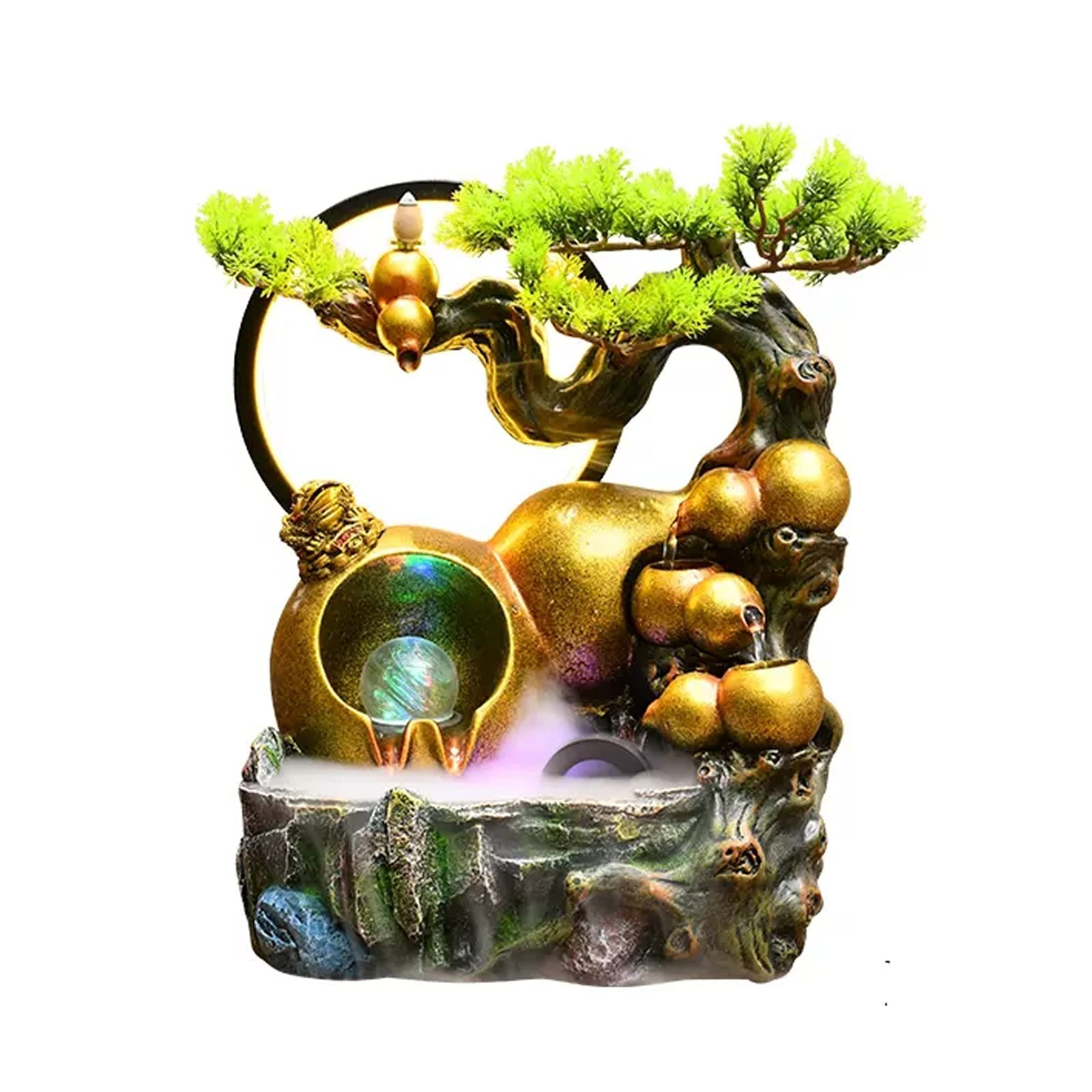indoor Waterfall Tabletop Water Fountain Resin Relaxation Meditation Desktop with Golden Gourd and Artificial Bonsai Design, Indoor Waterfall Feature for Home Office Decor