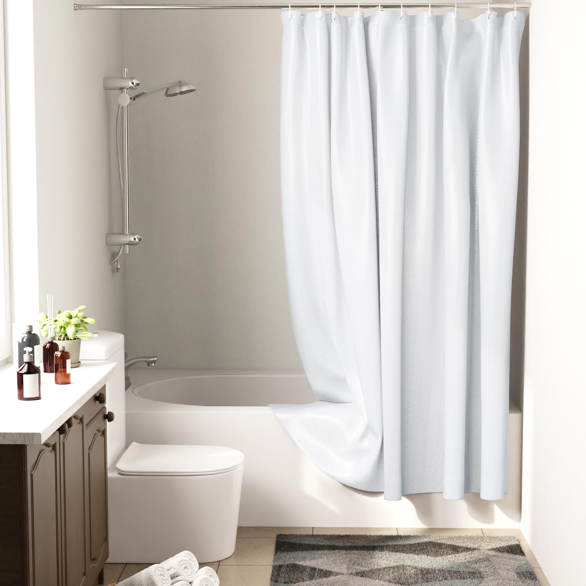 Encasa XO Polyester Plain Opaque Shower Curtain Waterproof|ZZ White Bathroom Curtains for Women & Men with 10 Hooks|Easy Installation|Quick-Drying Curtains|(183x213 cm)