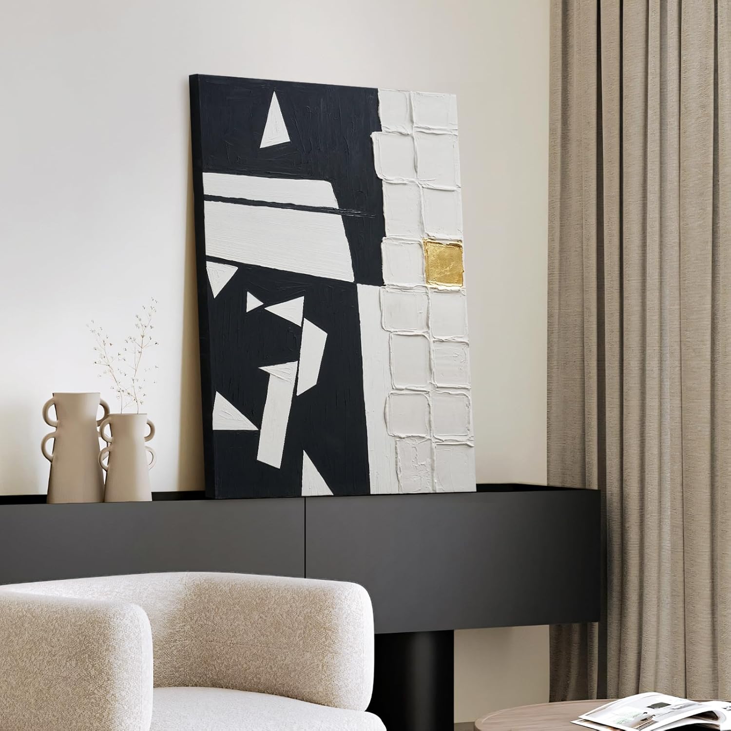 JUHOME Original Hand-Painted Abstract Canvas Wall Art – Modern Black and White Textured Oil Painting with Gold Accent, Minimalist Geometric Wall Decor for Living Room Bedroom Office 24x36 Inch