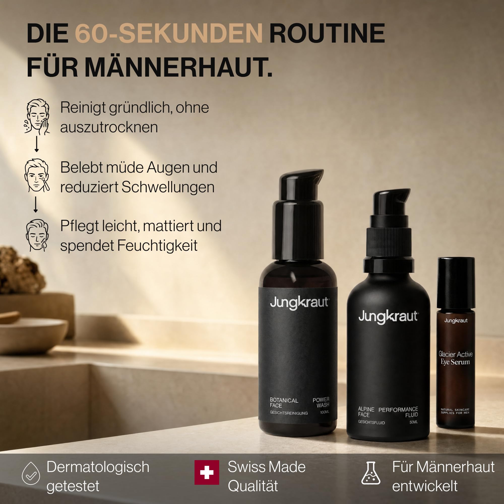 Gesichtspflegeset für Männer, Schnelle Gesichtspflege mit Reinigungsgel, Feuchtigkeitscreme und Serum, spendet Feuchtigkeit, gegen fettige Haut, Anti-Aging Effekt, natürlich, aus der Schweiz