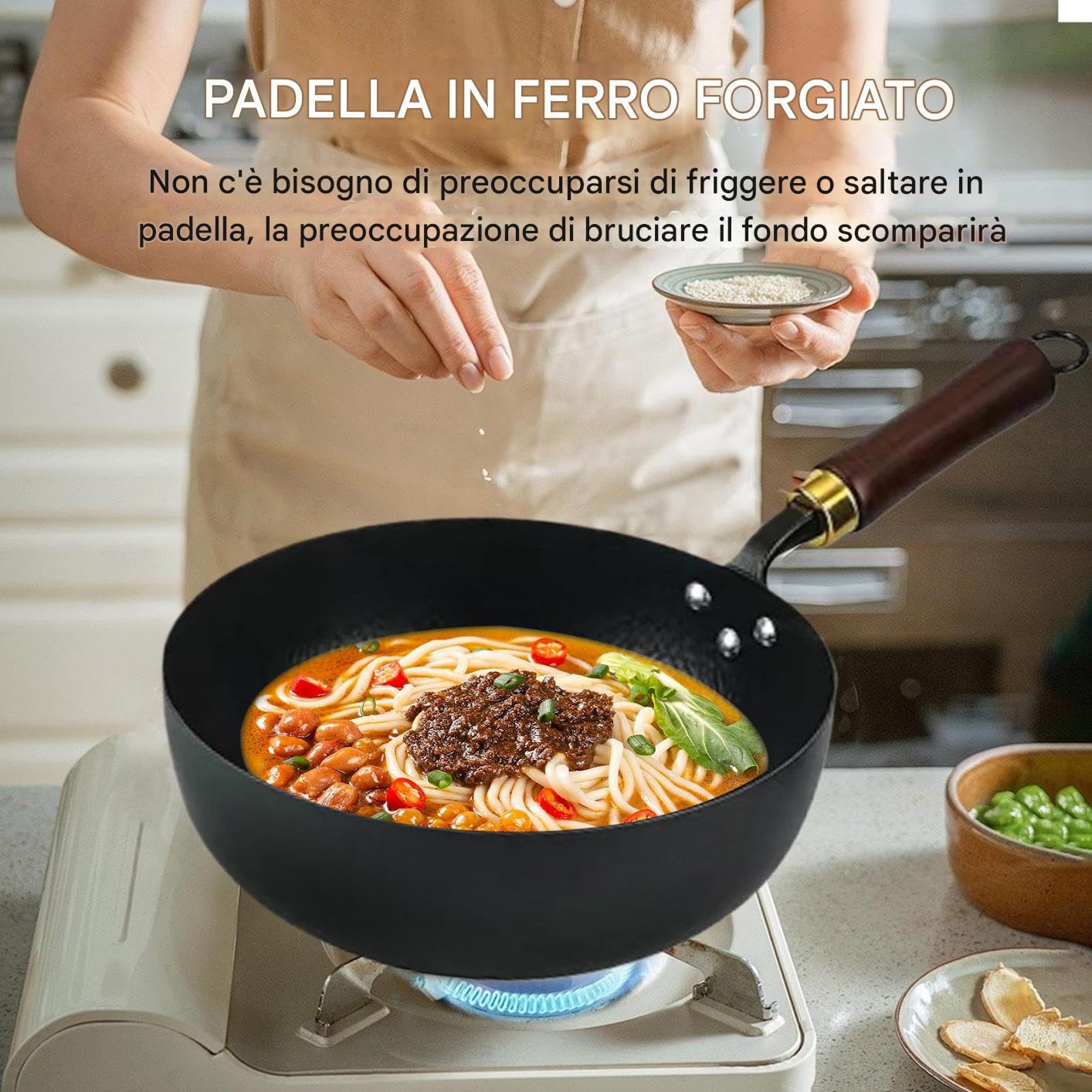 Padella in ferro Senza Rivestimento Pancia Larga Friggere Saltare Pesce