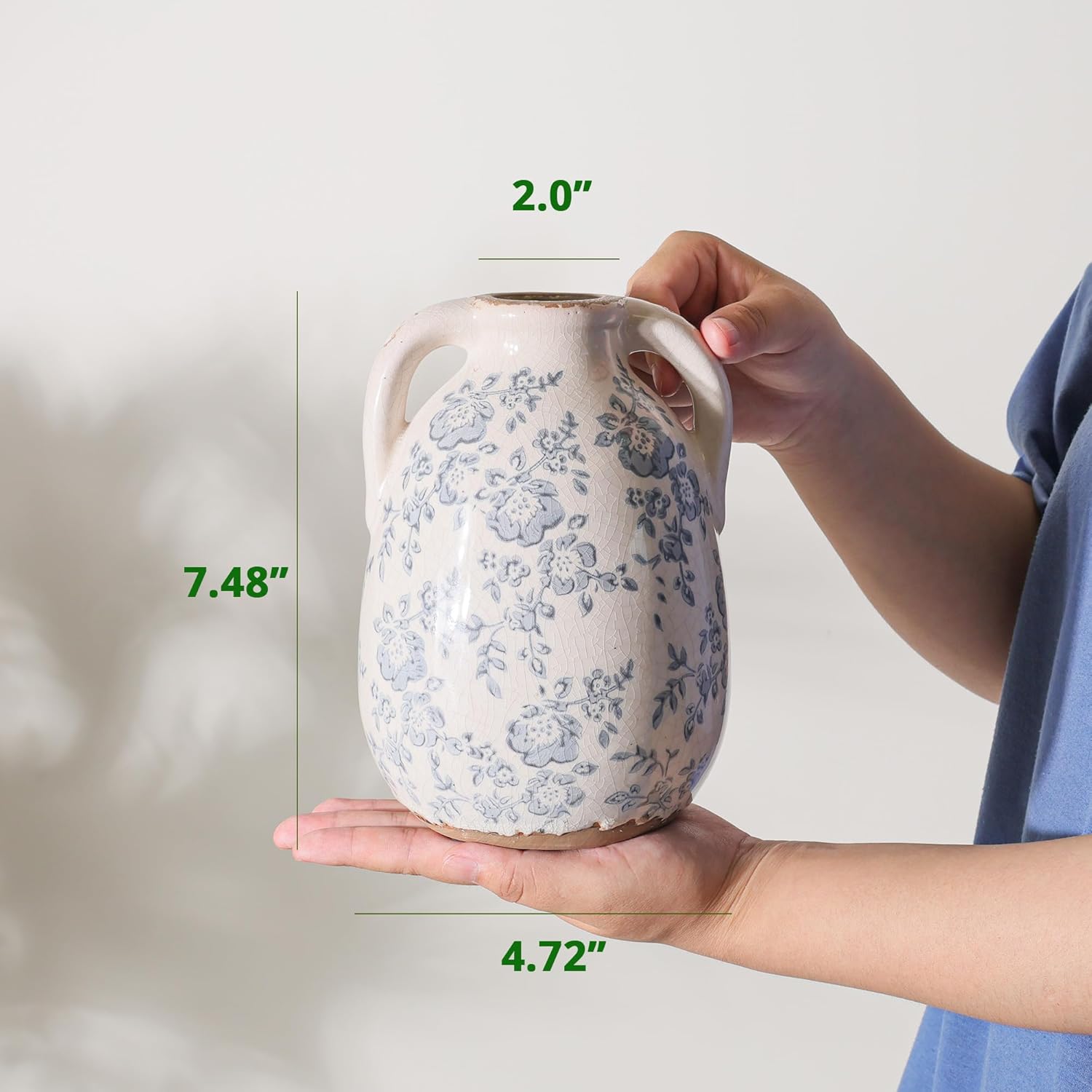 Vintage Chinoiserie Blue and White Ceramic Vases Decor 7” Retro Ice Crackle Hand-Painted Peony Ceramic Pitcher Antique Style Home Decor (7.5 Inch Blue and White) - Image 4