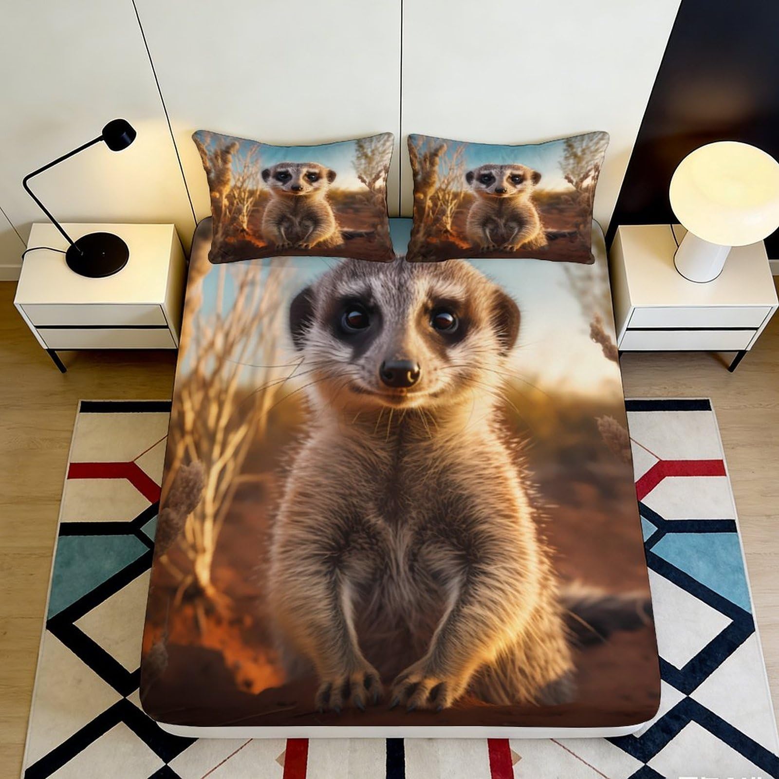 Pnayamiorkfel Style-7 3D Printed Meerkat Desert Fitted Sheet Microfiber Anti-Slip Machine Washable Bed Cover For Bedroom Dorm Decor 90X200x25cm