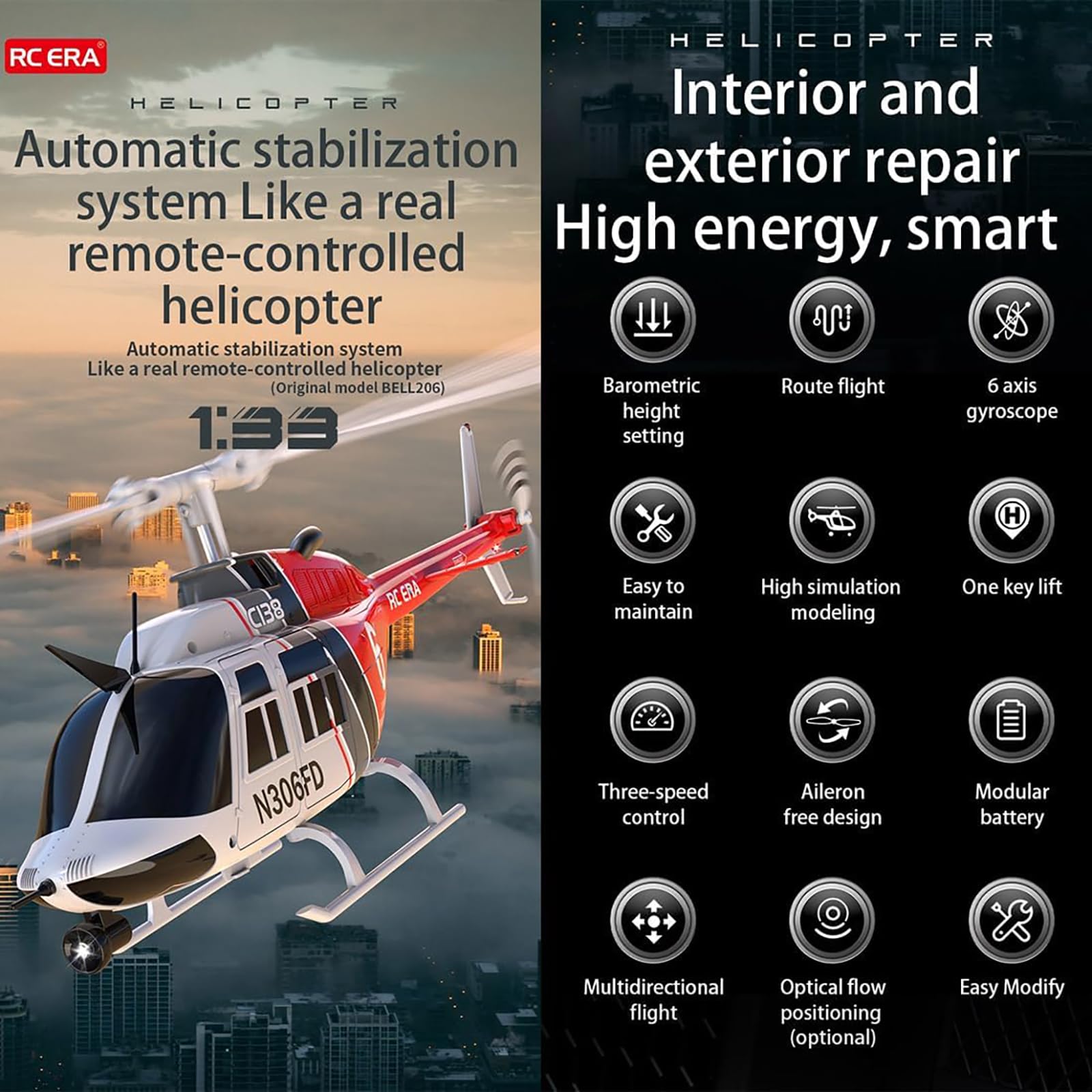 Helikopter RC C138, zdalnie sterowany model śmigłowca w skali 1/30 2.4G 6CH bez lotek, 6-osiowy żyroskop RC z optycznym pozycjonowaniem przepływu,Red,3 Battery
