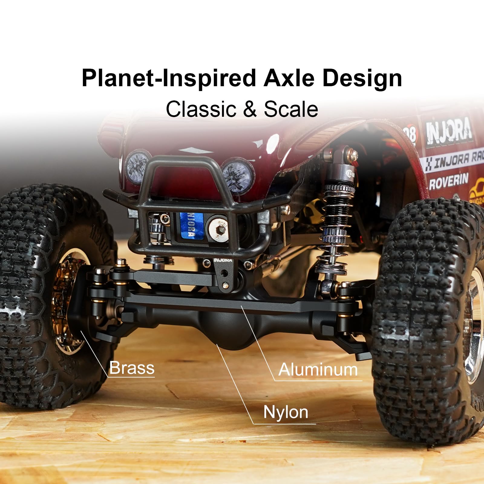 INJORA Assali Planet Nylon +4mm Anteriori con Alberi a Doppia Giunzione & Fusi Sterzo Ottone per Assale 1/24 RC Crawler Axial SCX24