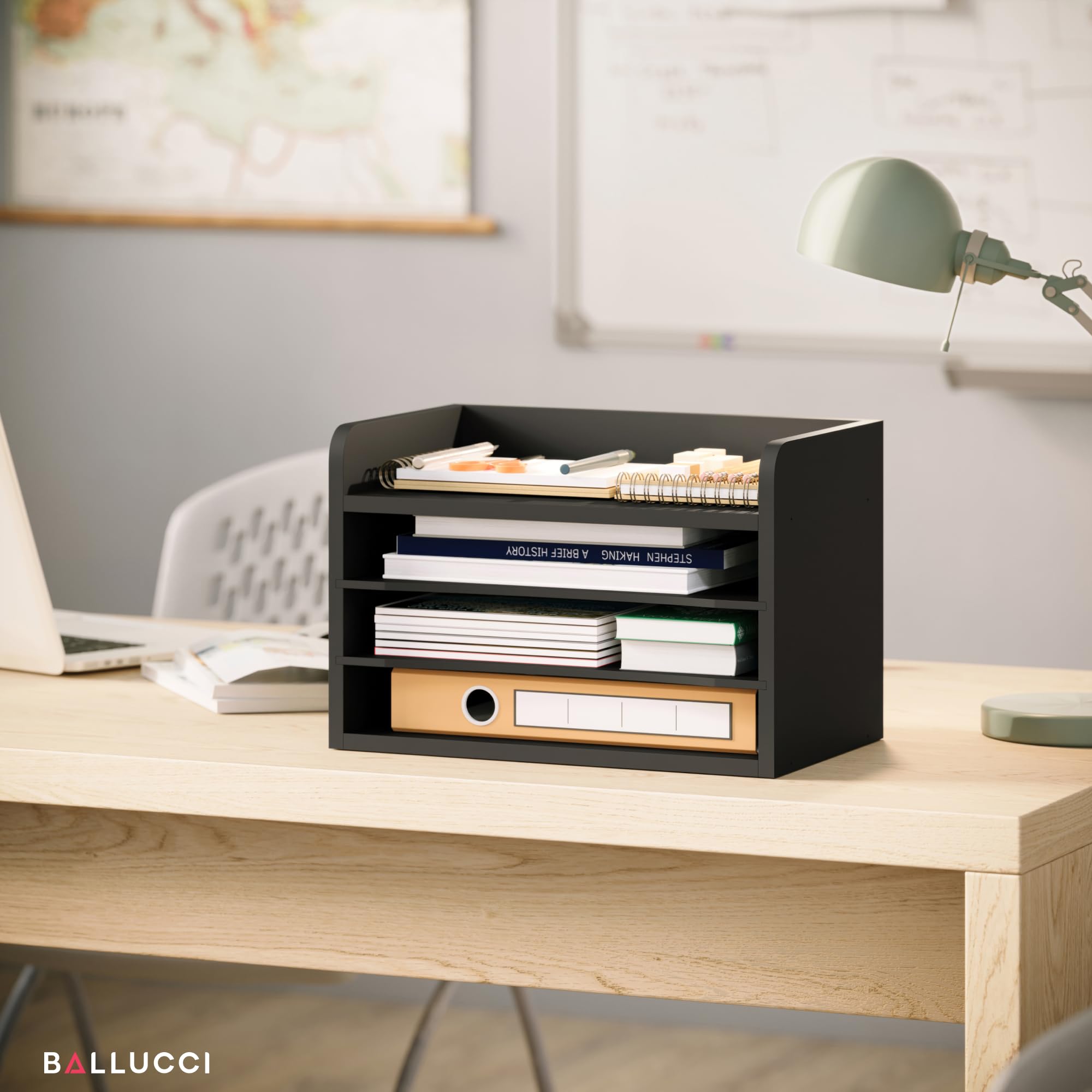 Ballucci Akten-Organizer, 4-stöckig, Büro-Schreibtisch-Organizer, offene Oberseite, Holzpapier-Organizer für Klassenzimmer, Postsortierer, Papierablage mit verstellbaren Ablagen, Schwarz