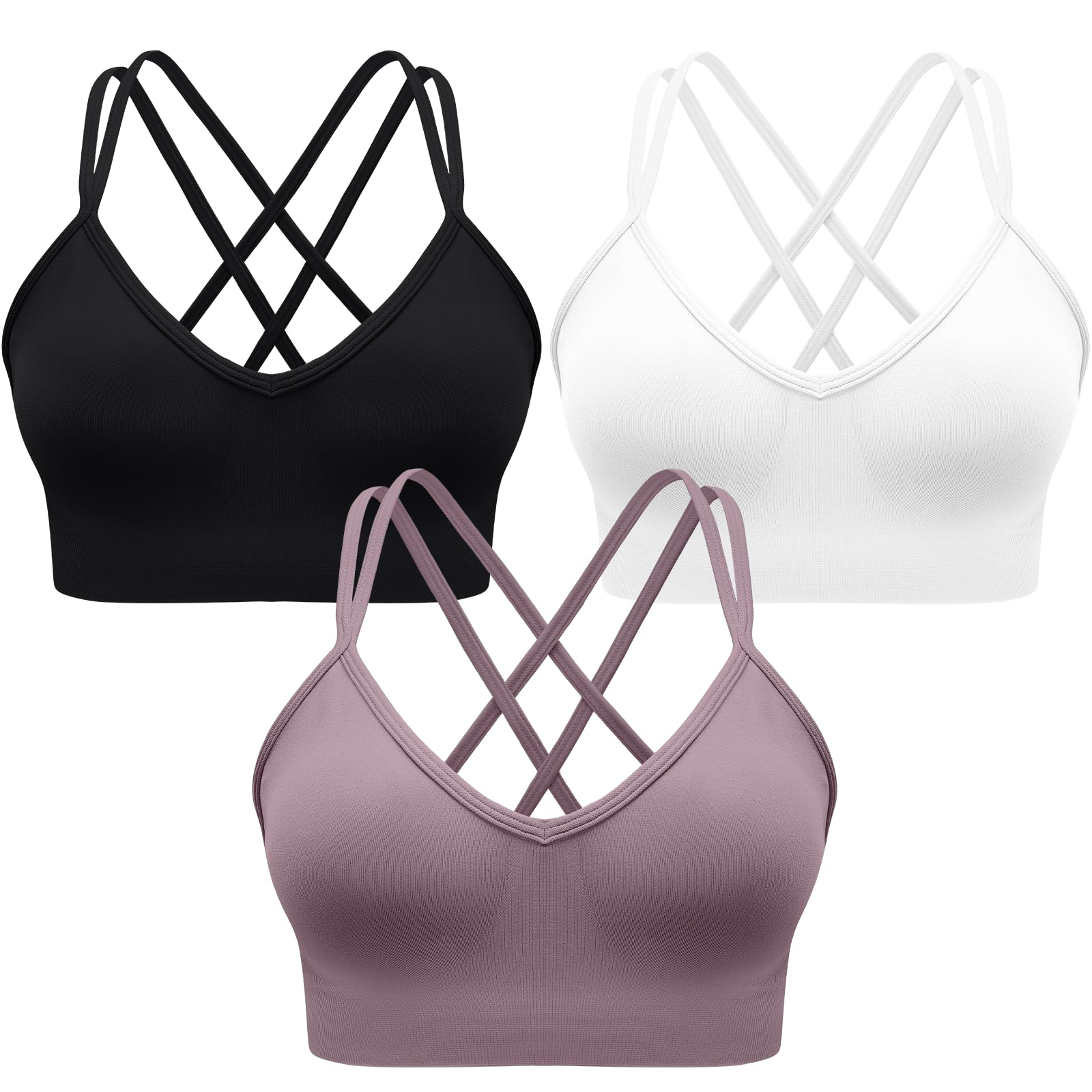 Sports Bras for Women V-Neck Strappy Sports Bra Padded Cross Back Medium Support Workout Yoga Bra 3 Pack
