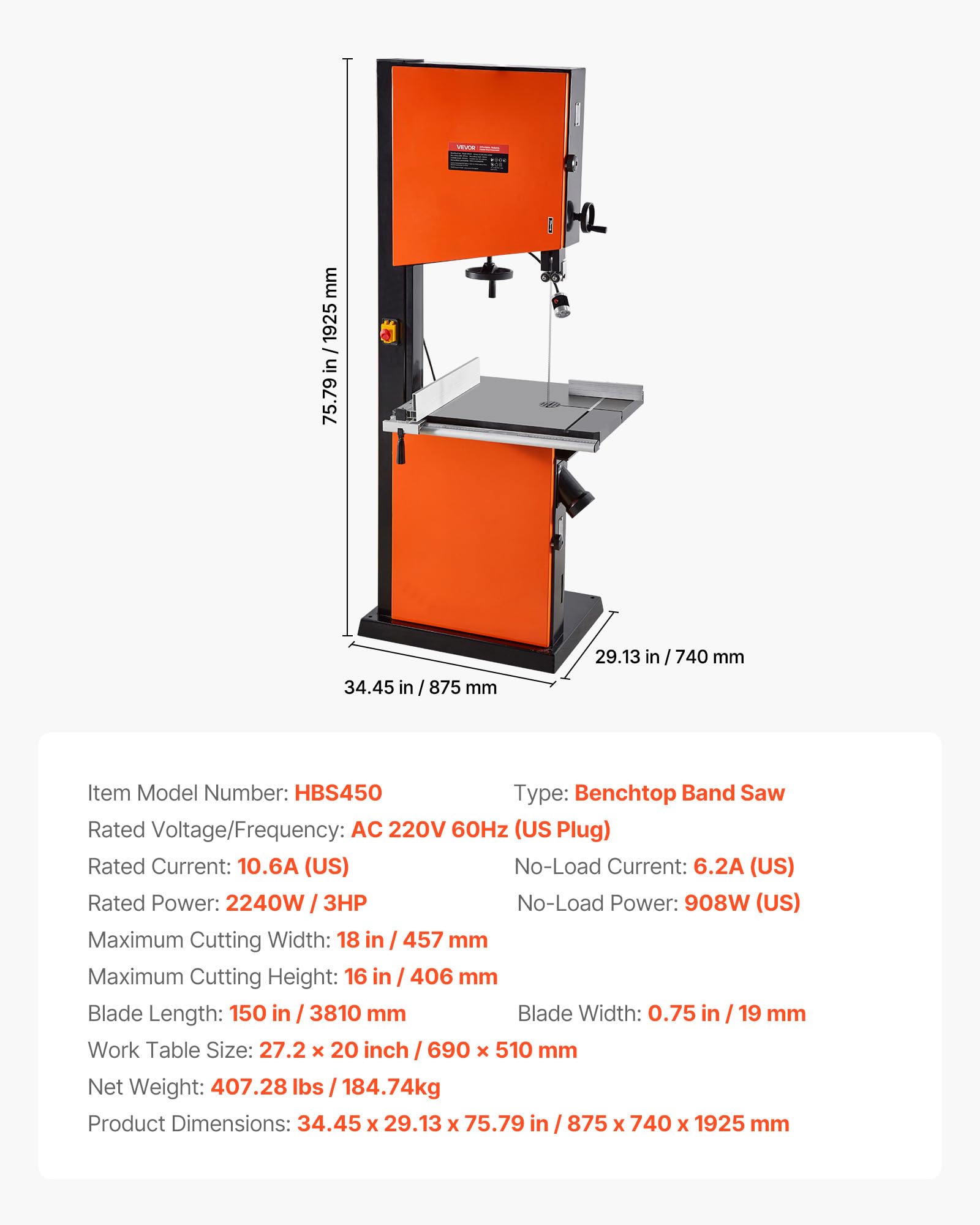 VEVOR Scie à Ruban Bois 2240 W Scie à Ruban de Table Largeur de Coupe 457 mm Hauteur de Coupe 406 mm pour Travail de Bois, Table en Fonte 690x510 mm Éclairage de Travail à 360° avec Guide d'Onglet