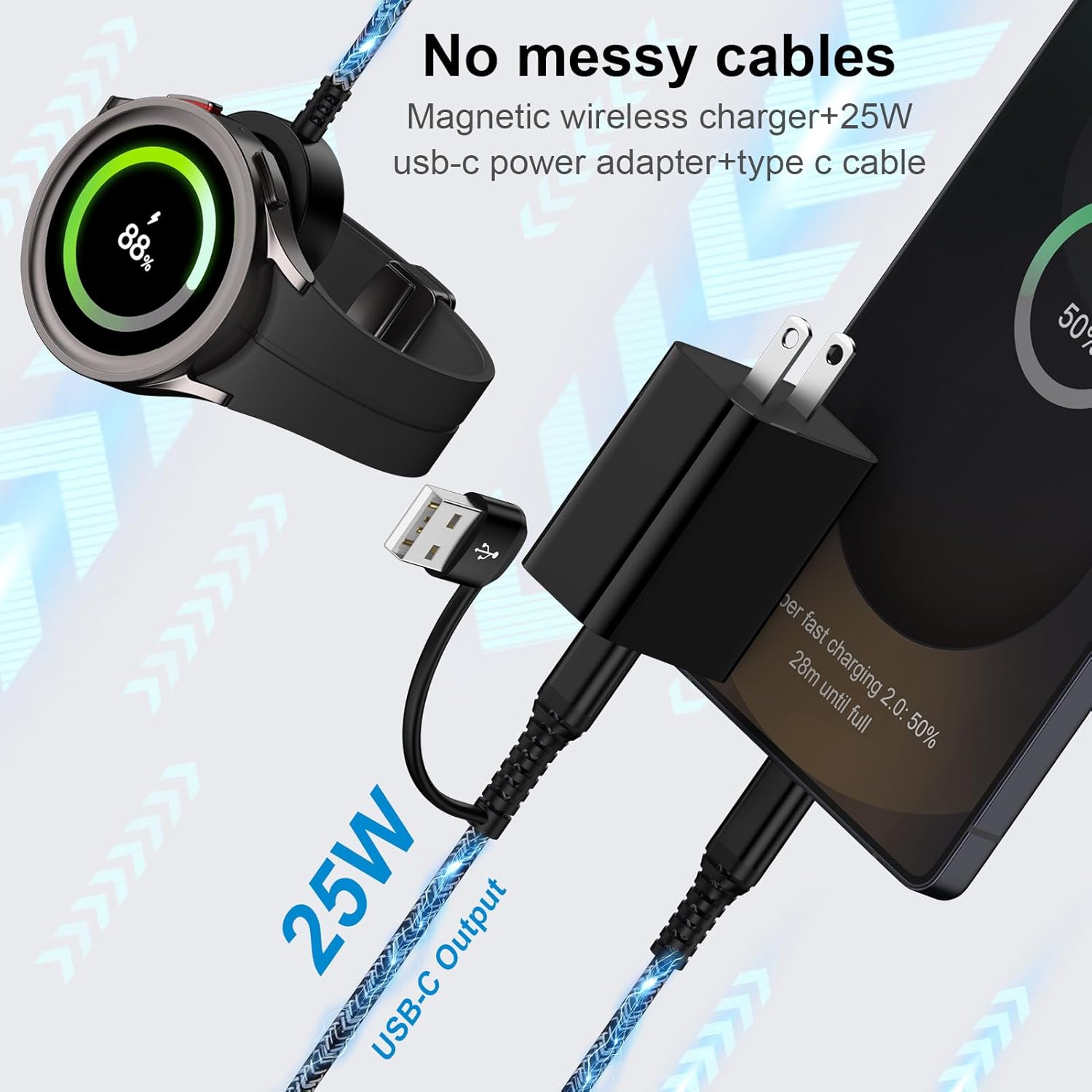 Galaxy Watch Fast Charger for Samsung Galaxy Watch 8/8 Classic/Ultra/7/FE/6/6 Classic/5 Pro/5/4/4 Classic/3/Active2/1 Charger Cable Dock, 2 in 1 25W USB C Fast Charger for Samsung S25/S24//S23/S22/A16 - Image 5