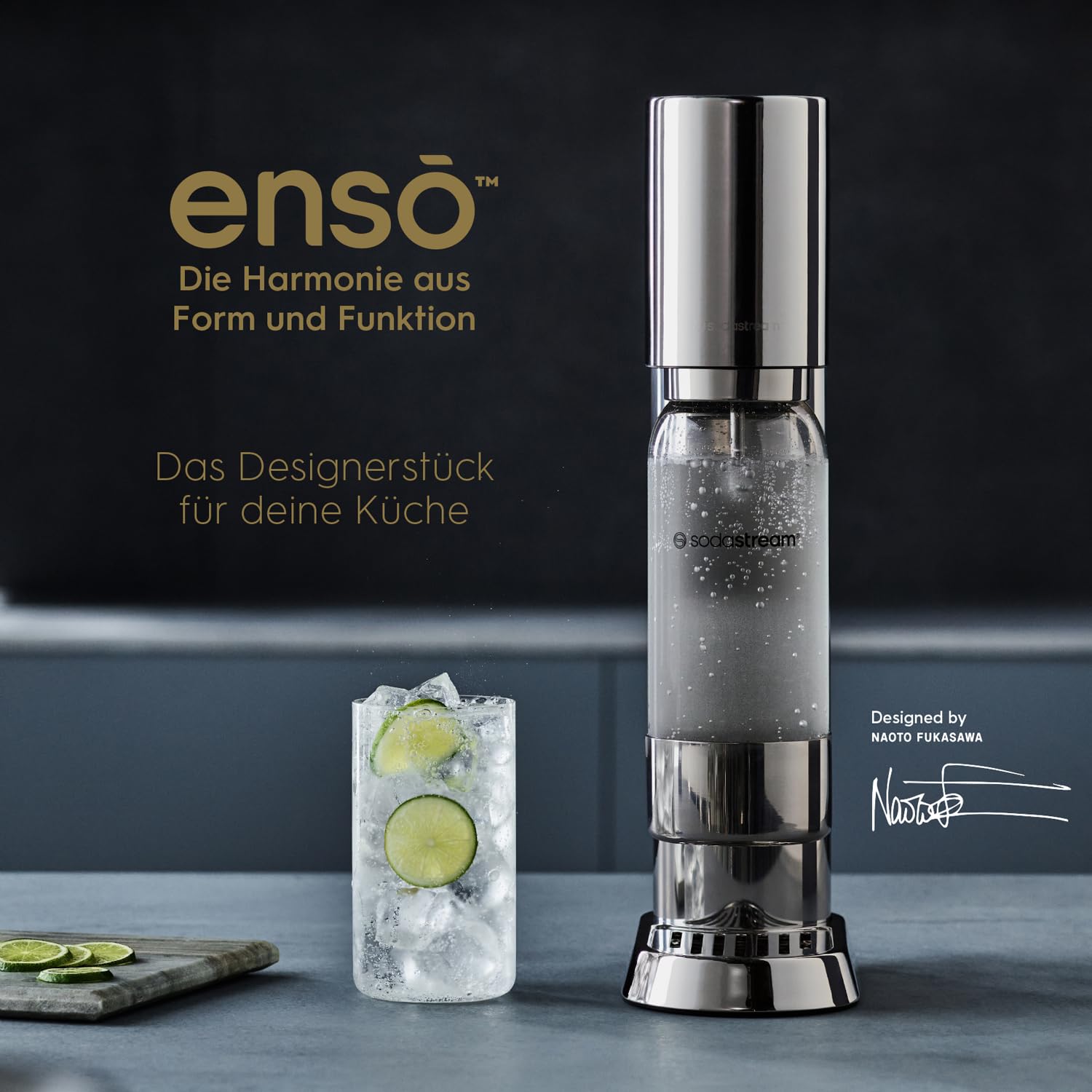 sodastream® enso™ Premium Wassersprudler | Edelstahl-Design von Naoto Fukasawa | inkl. 1 L BPA-freie Flasche | Einfaches CO2-Wechsel-System |Farbe: Silber