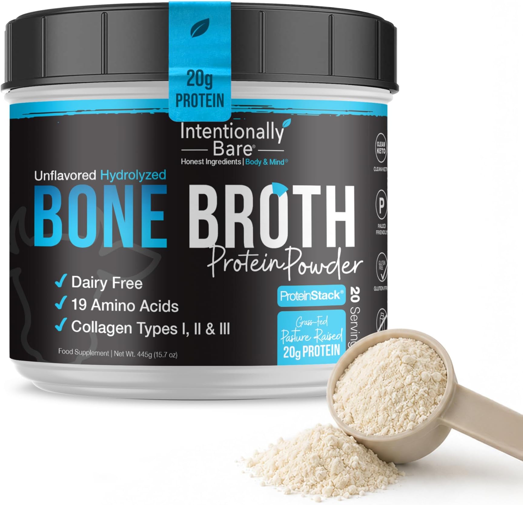 Intentionally Bare Bone Broth Powder - Grass Fed Bone Broth Protein Powder - Collagen Peptides Type 1, 2 & 3 - Dairy Free Hydrolyzed Collagen for Skin, Hair, Gut & Joints – Unflavored - 20 Servings