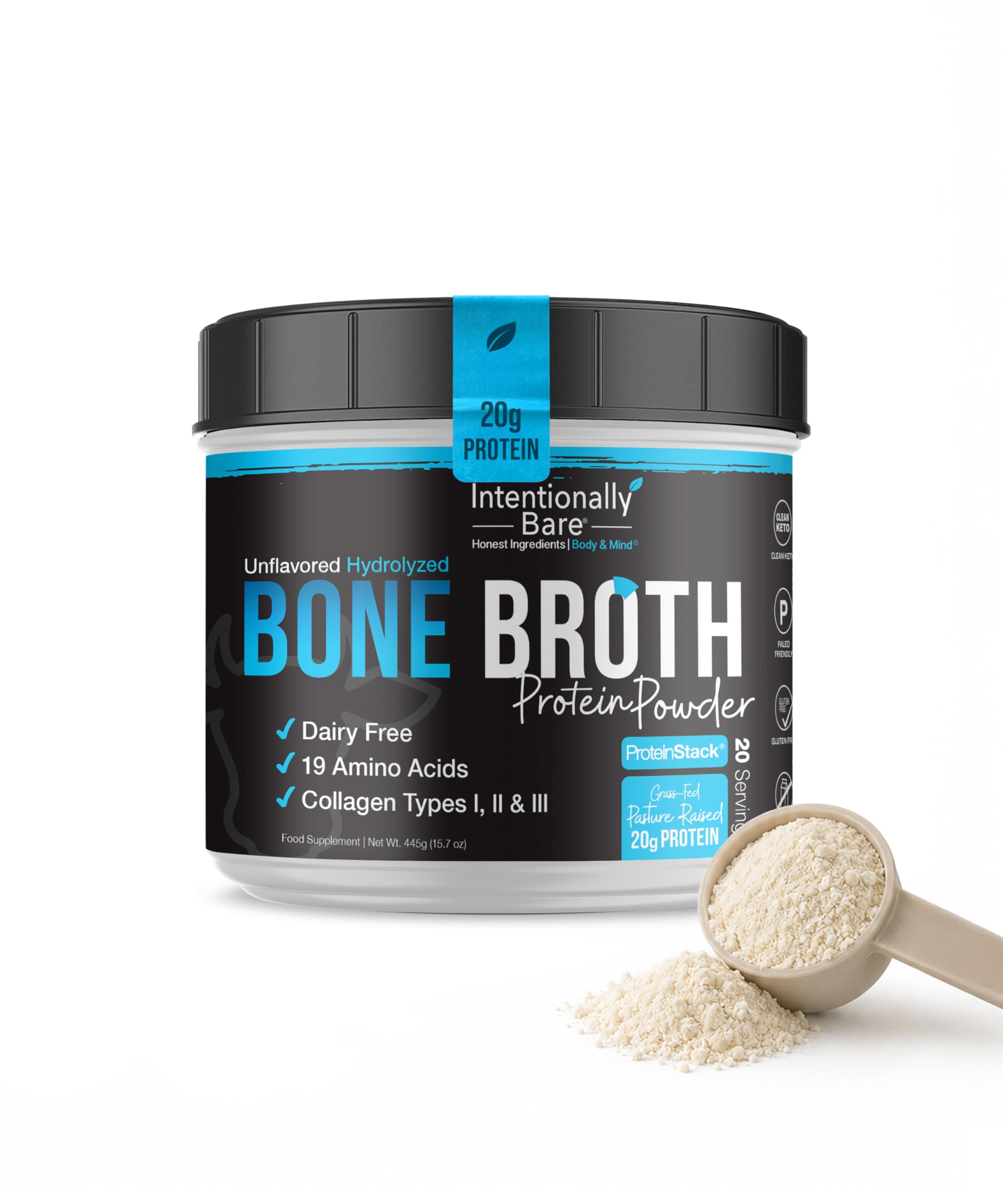 Intentionally Bare Proteína de Caldo de Ossos Bovinos em Pó, Sem Sabor, Alimentada a Pasto, 15,7 oz, 445 g