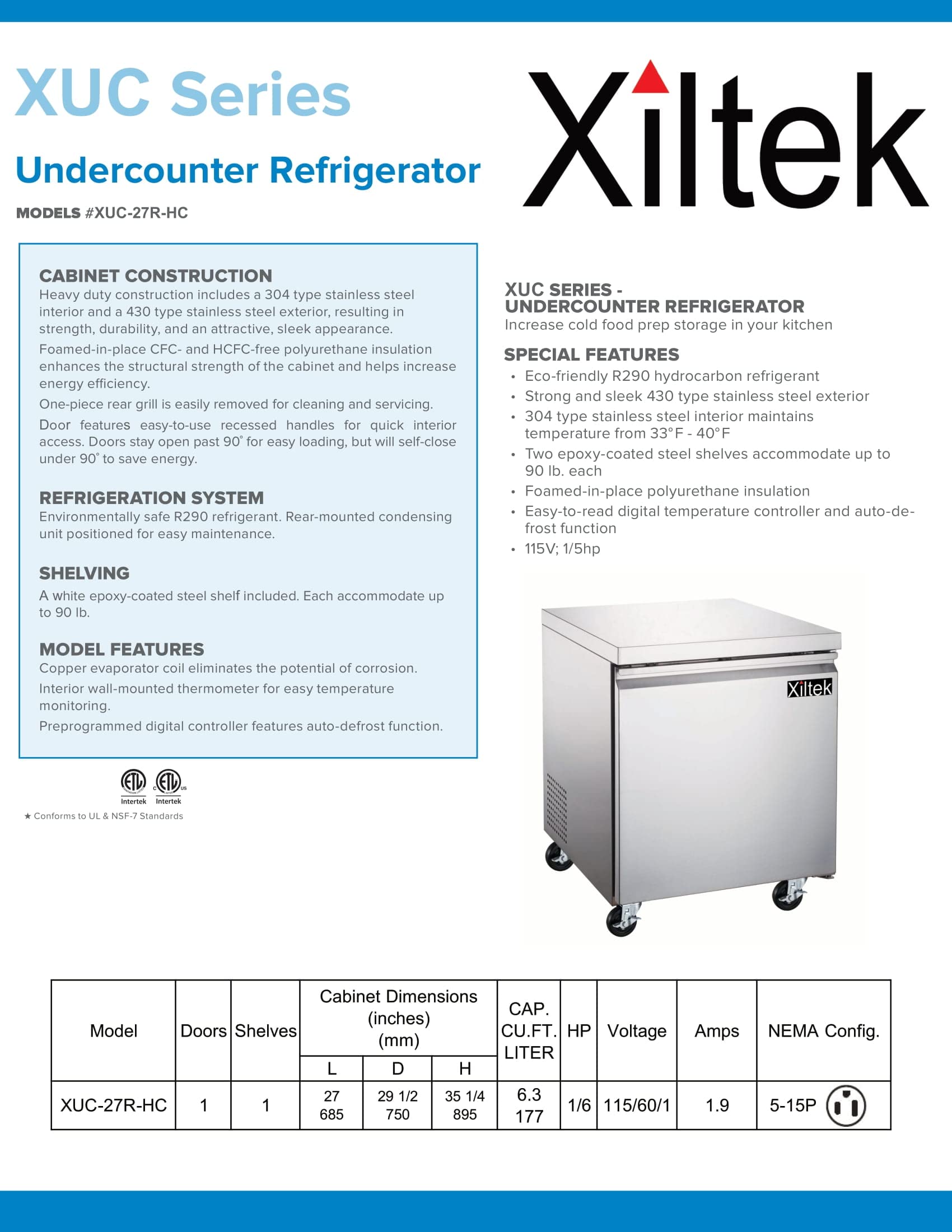 Xiltek New 27" One Stainless Steel Door Commercial Undercounter Refrigerator on Fridge.com - View 2