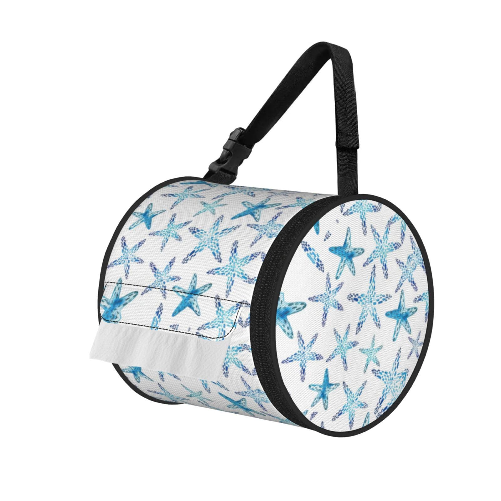 Cute Starfish Print Round Tissue Dispenser Bag With Carry Strap, Portable Roll Holder For Car Travel Home