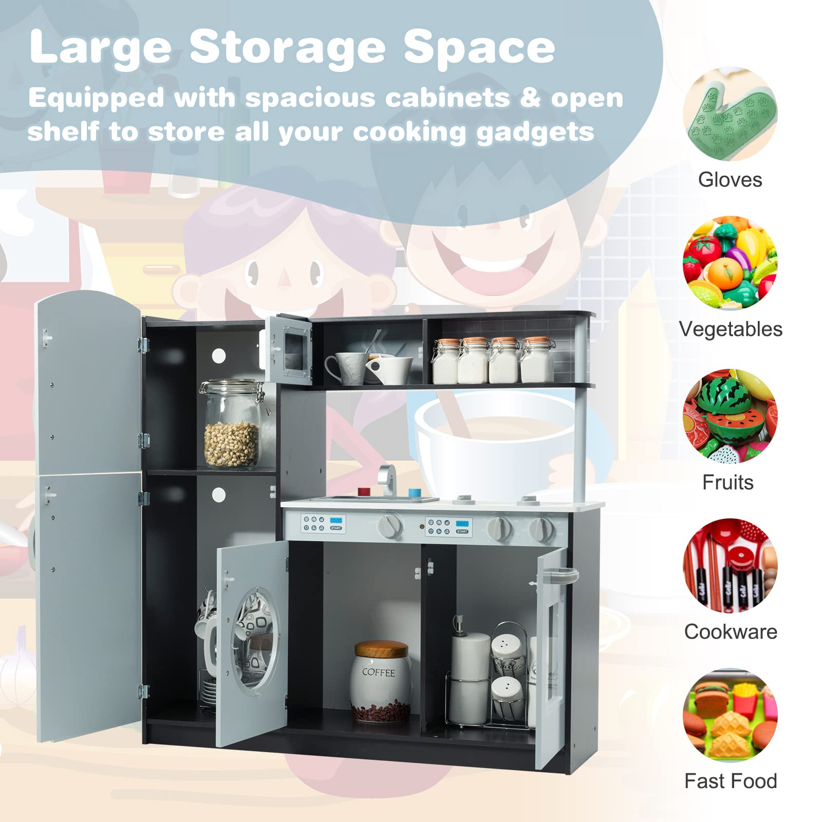 RELAX4LIFE Cucina Giocattolo per Bambini in Legno, Set Cucina di Ruolo con Accessori Diversi, Giocattolo da Cucina con Suoni, per Bambini più di 3 Anni
