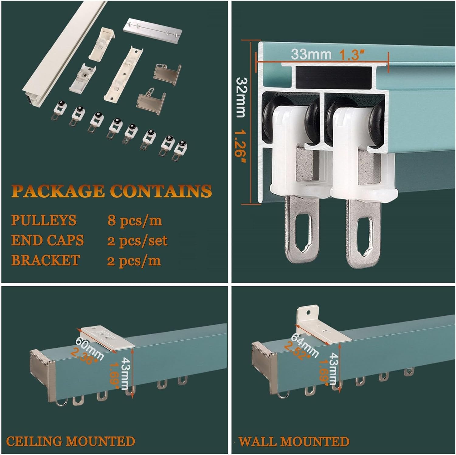 天井のカーテンレール、 ダブルスライドカーテンレール天井壁取り付けルームディバイダーマルチカラー複数サイズ(Green-ceilin