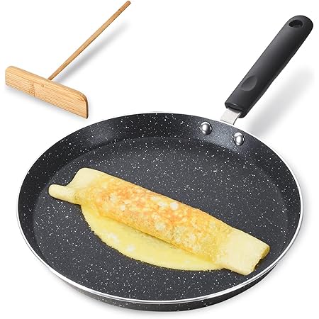 Buecmue 10.5 Inch Nonstick Crepe Pan with Spreader,Tortilla Tawa Dosa Pan, Granite Coating Skillet for Roti Egg Omelet Flat Pancake Frying Pan, Induction Compatible PFOA & PTFEs Free Black