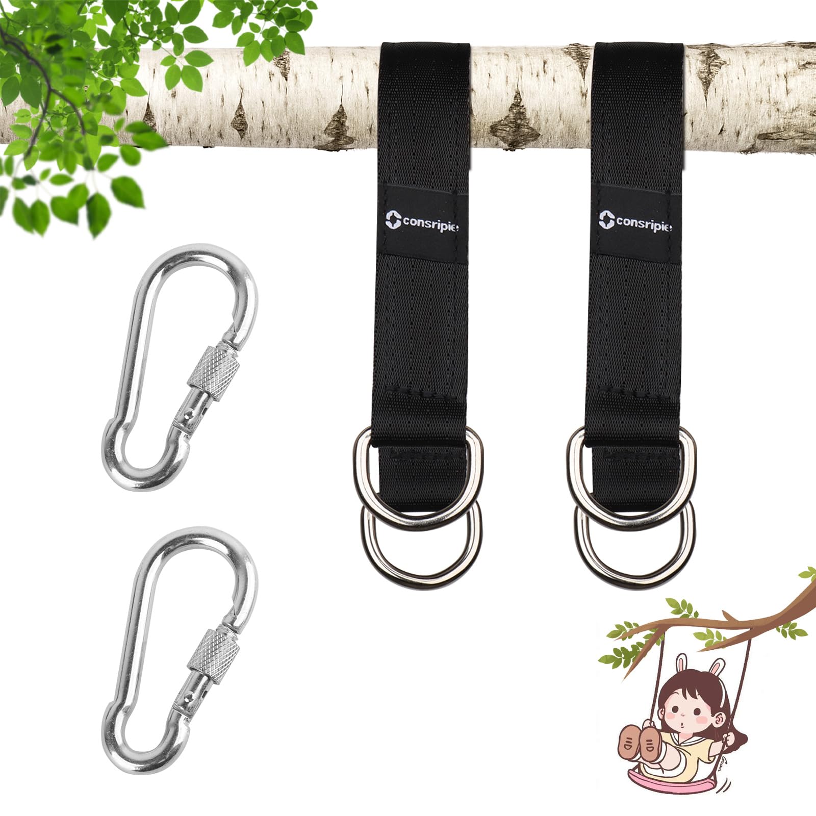 Hängematte Befestigung Baumschaukelgurt Schaukel Aufhängung, 2 Stück 29cm Schaukel Befestigung Aufhängung Swing Hanging Kit, Hanging Gurt mit 2 Karabinern und 2 D-Ringen für Schaukel Hängesessel