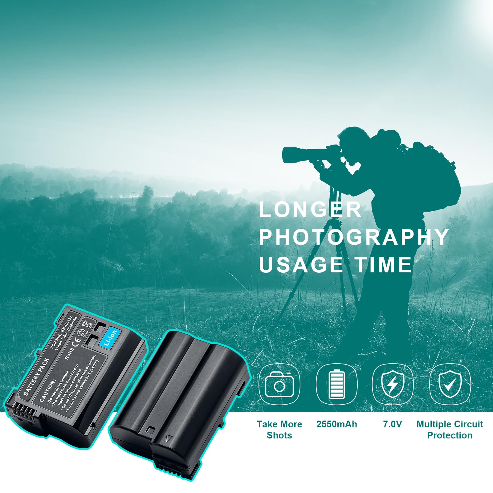 Batteria EN-EL15 Compatibile Per Nikon - 2550mAh (2 Pezzi) | Per D7500, D850, Z6, Z7 E Altri