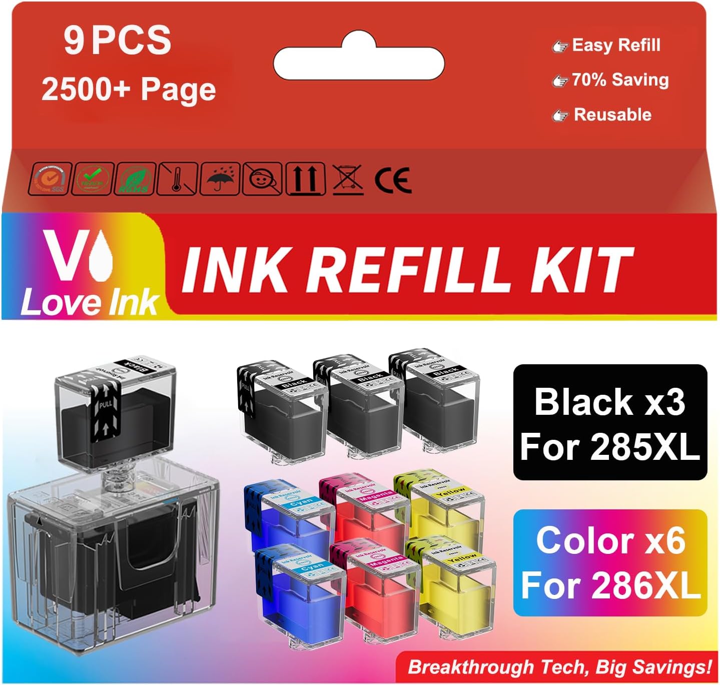 285XL 286XL Ink Refill Kit for Canon 285XL and 286XL Ink Cartridges Compatible with Canon PG-285XL CL-286XL 285XXL 286XXL Work with Pixma TS7720 TS7722 TR7820, 9 Pack (3BK/2C/2M/2Y)
