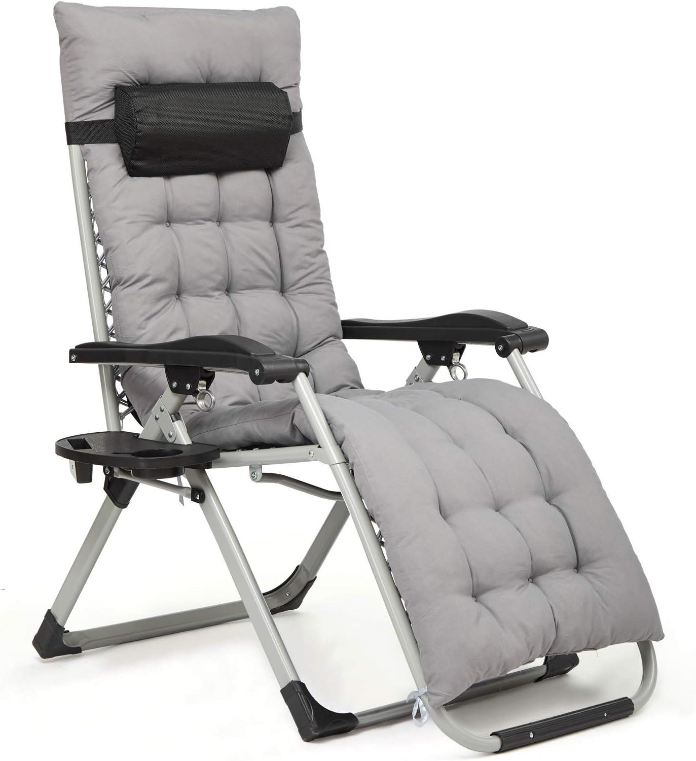 IntimaTe WM Heart Sun Lounger, Outdoor Reclining Zero Gravity Chair with Adjustable Headrest, Cup Holder and Comfortable Grey Cushions, Textilene