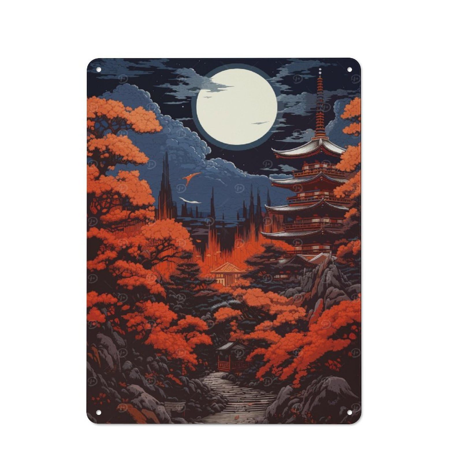 Junmoney Japanese Moonlit Serenity Rustic Metal Sign 40X30cm For Garage Wall, For Everyday Room Decor With A Rustic Look