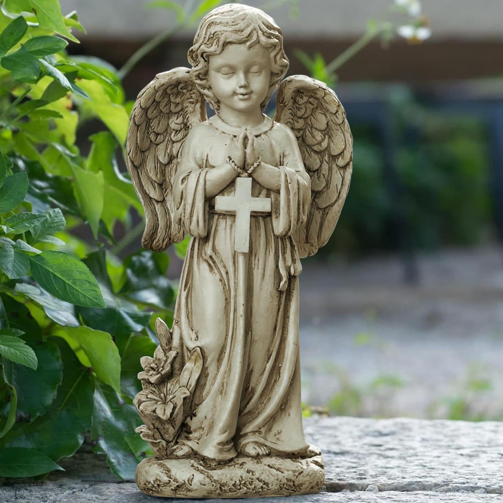 Figurka anioła dekoracyjna z Lampą Solarną o Wysokości 30 cm, Dekoracja | Figurka ogrodowa przedstawiająca modlącego się anioła Do Cmentarza, Grobu, Trawnika, Patio, Werandy I
